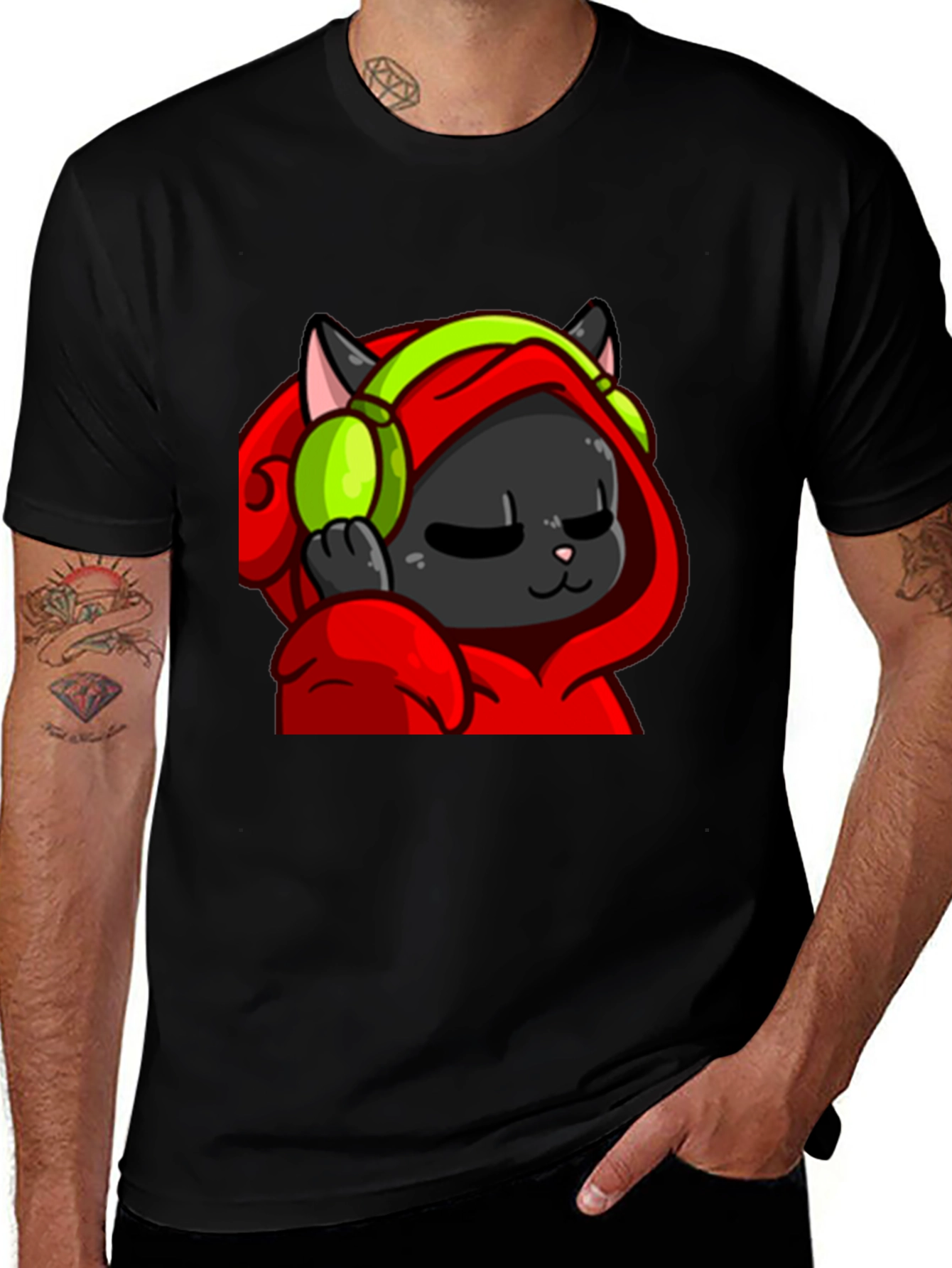 Variant 26 of Cool Cat Black T-Shirt - Headphones Hoodie Graphic