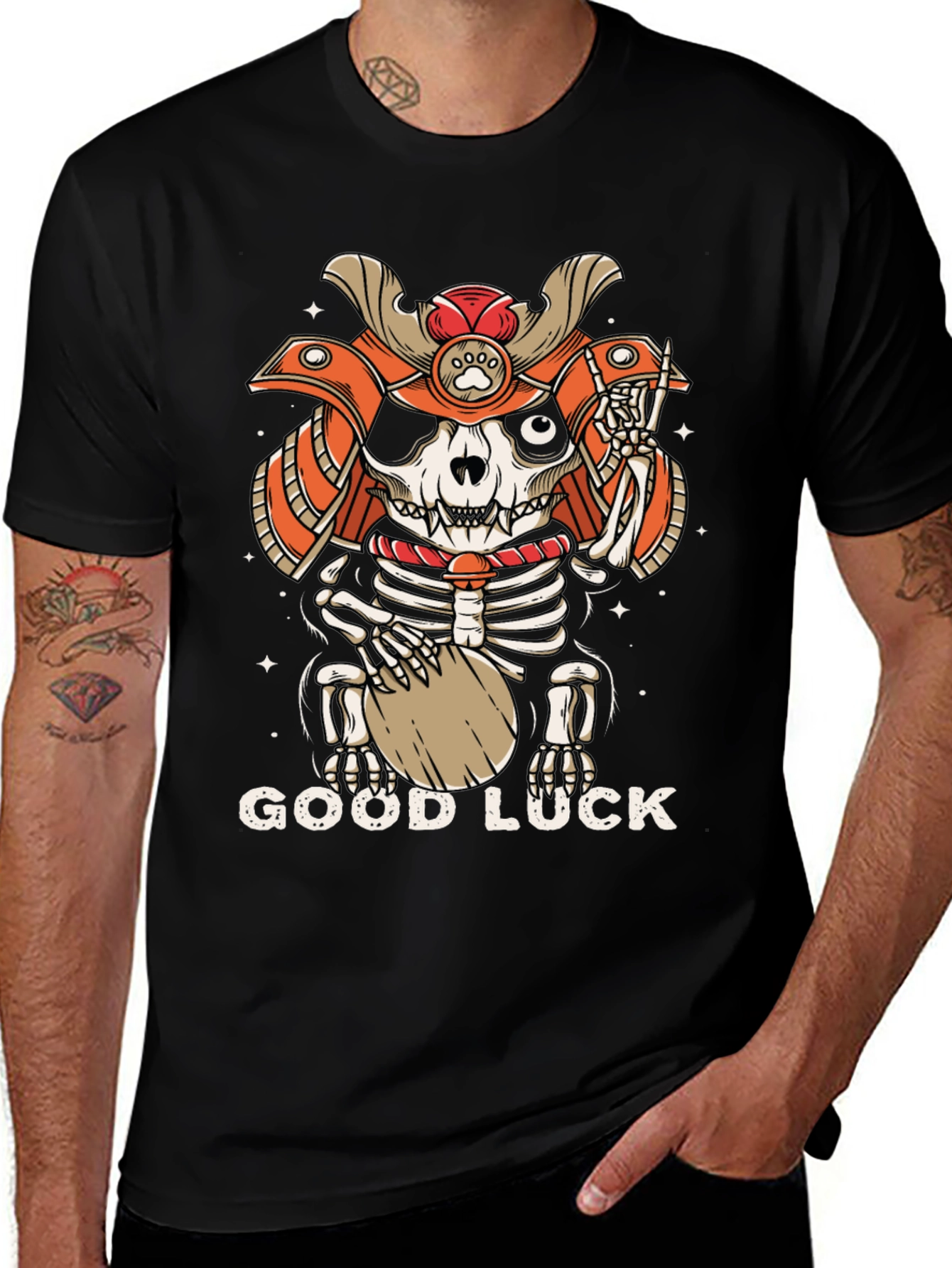 Variant 29 of Samurai Cat Skeleton Good Luck Graphic Tee