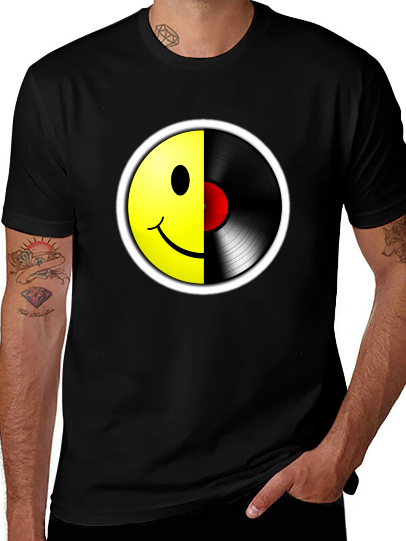 Variant 15 of Smiley Face Record Graphic Tee - Black