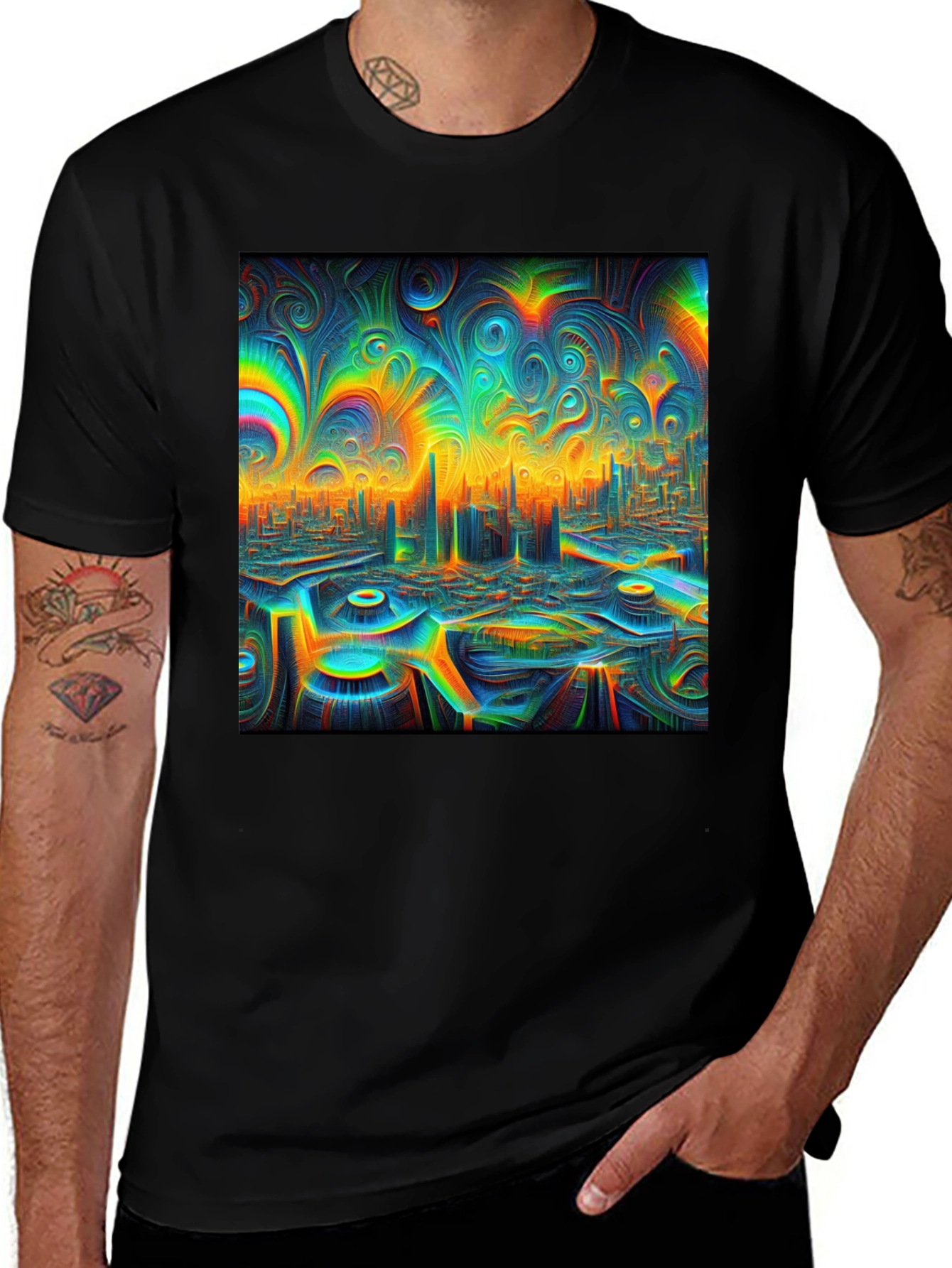 Variant 11 of Psychedelic Cityscape Graphic T-Shirt - Unique Art Tee
