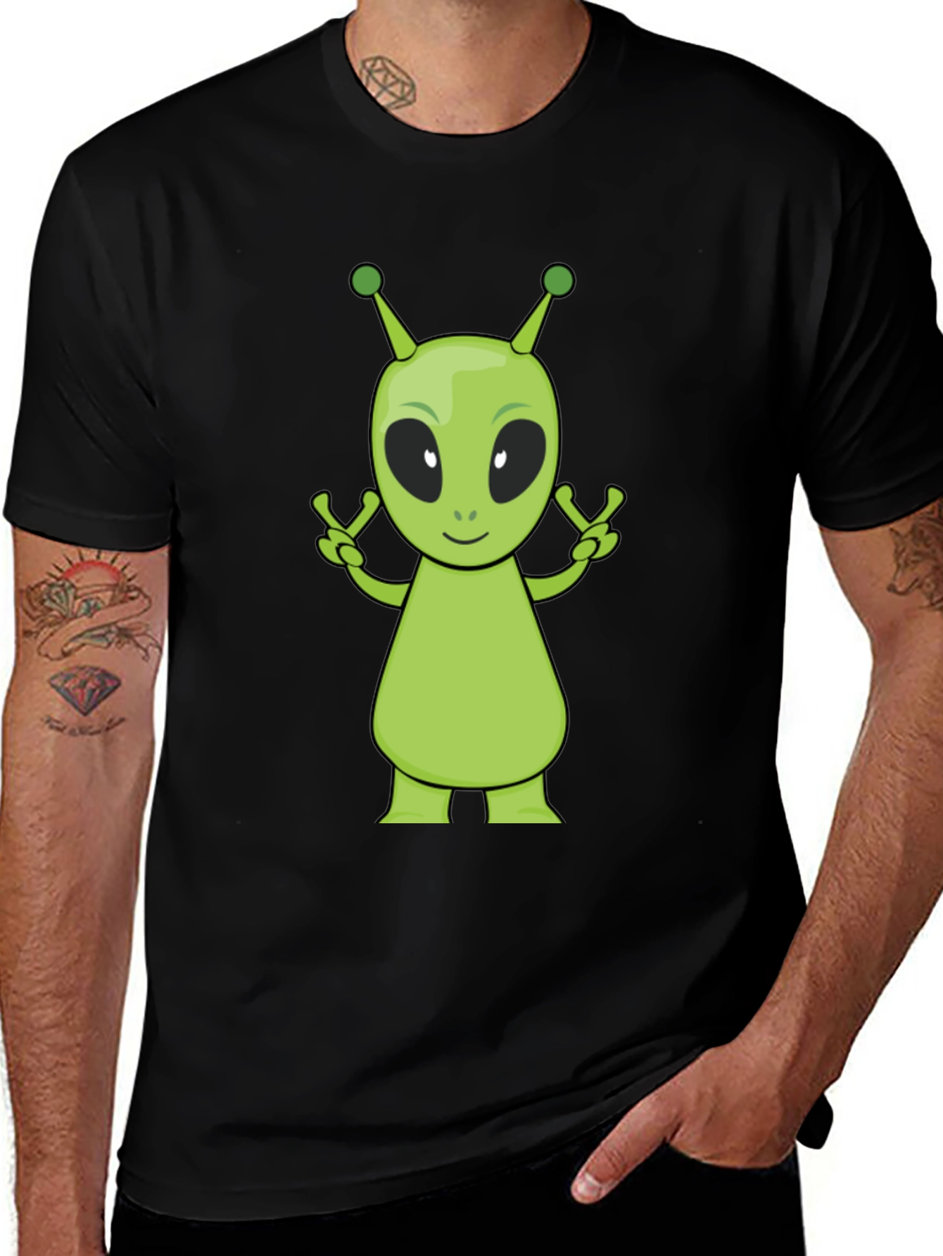 Variant 26 of Cool Alien Peace Sign Graphic Tee - Black