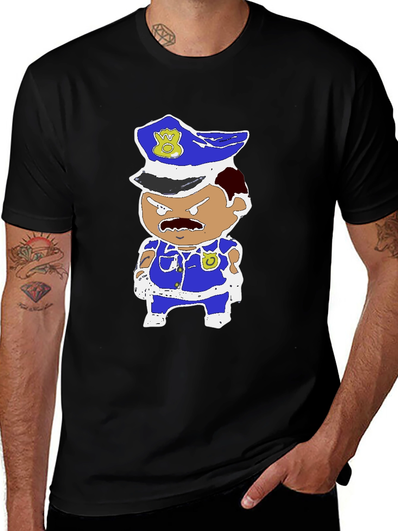 Cartoon Police Officer T-Shirt - Black Cotton Tee