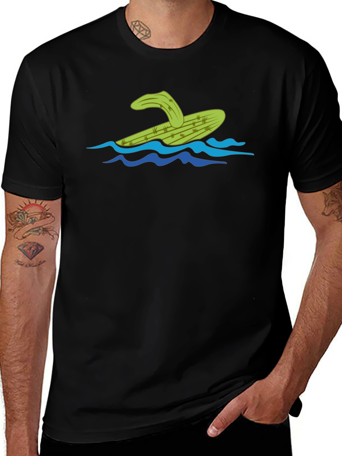 Variant 20 of Cactus Surfing Graphic Black T-Shirt