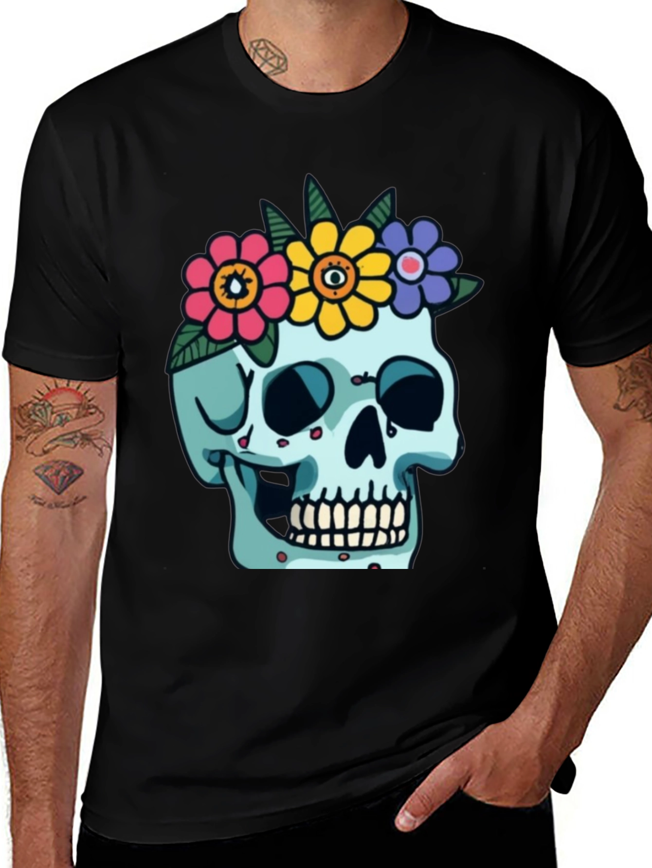 Variant 5 of Skull & Flower Graphic Tee - Cool Casual Style