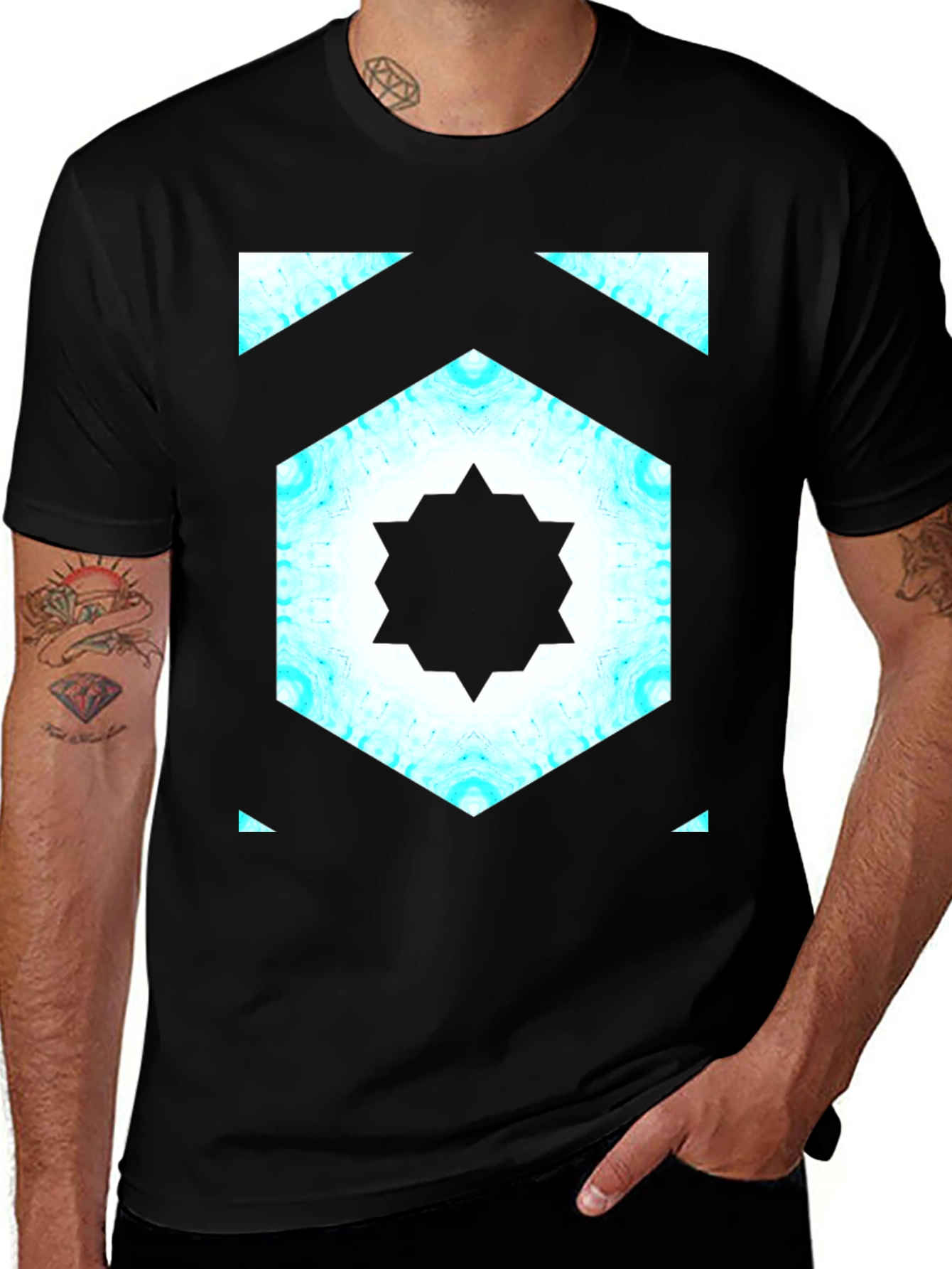 Variant 17 of Geometric Kaleidoscope Print Black T-Shirt
