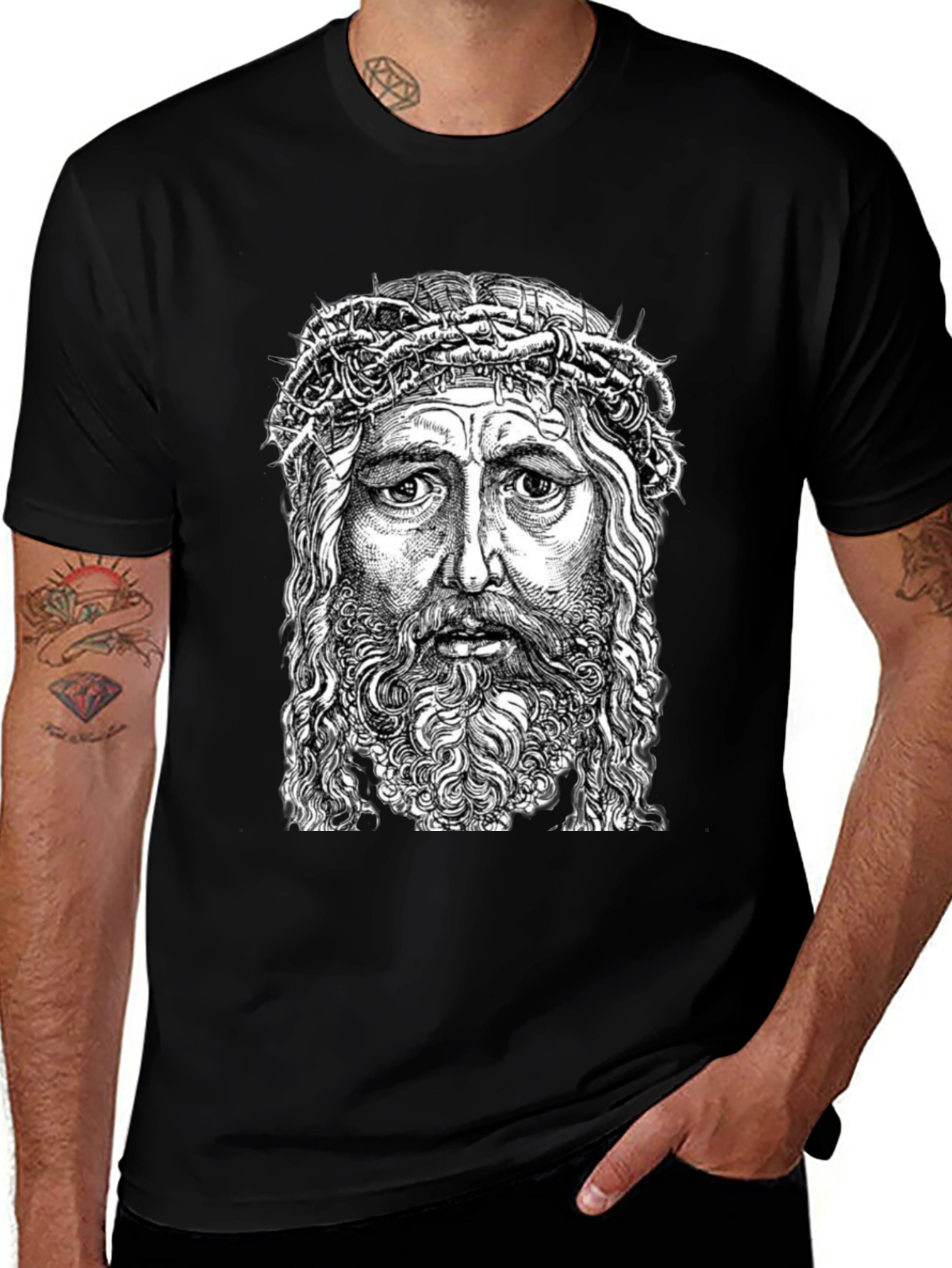 Jesus Portrait Graphic T-Shirt - Black Cotton Blend