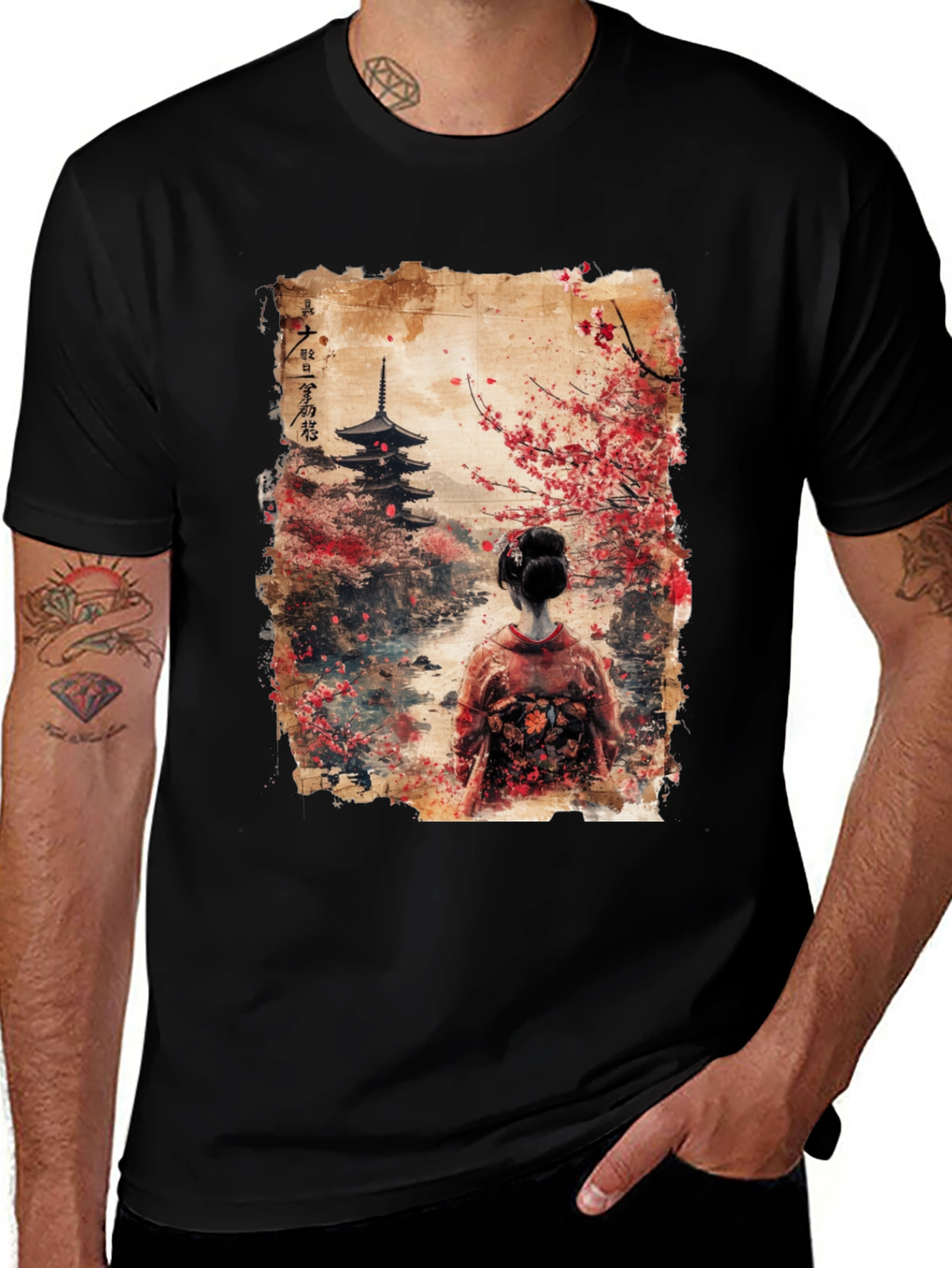 Variant 2 of Japanese Pagoda & Geisha Graphic Tee - Black
