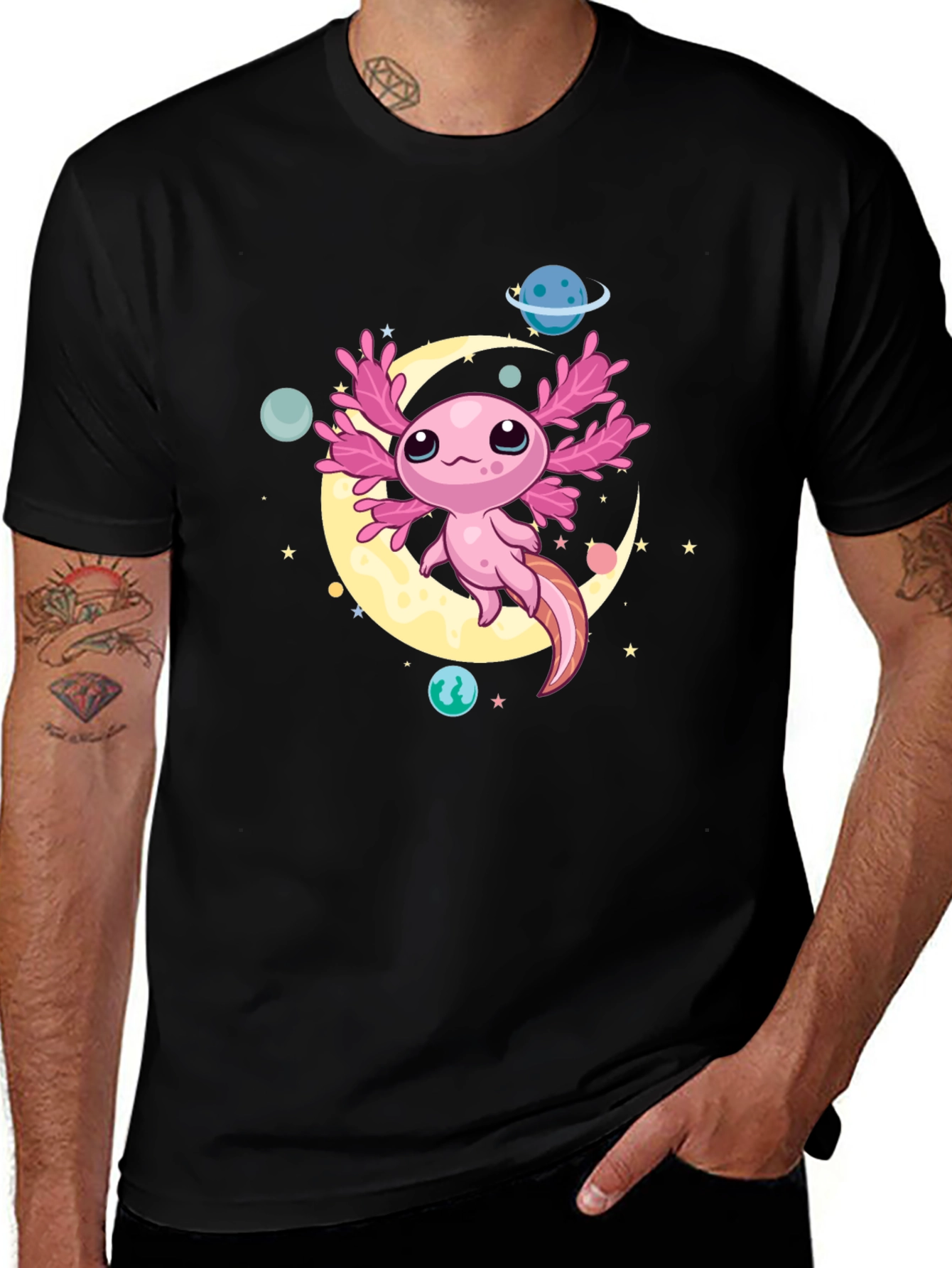 Variant 3 of Axolotl Moon Black T-Shirt Cute Space Design