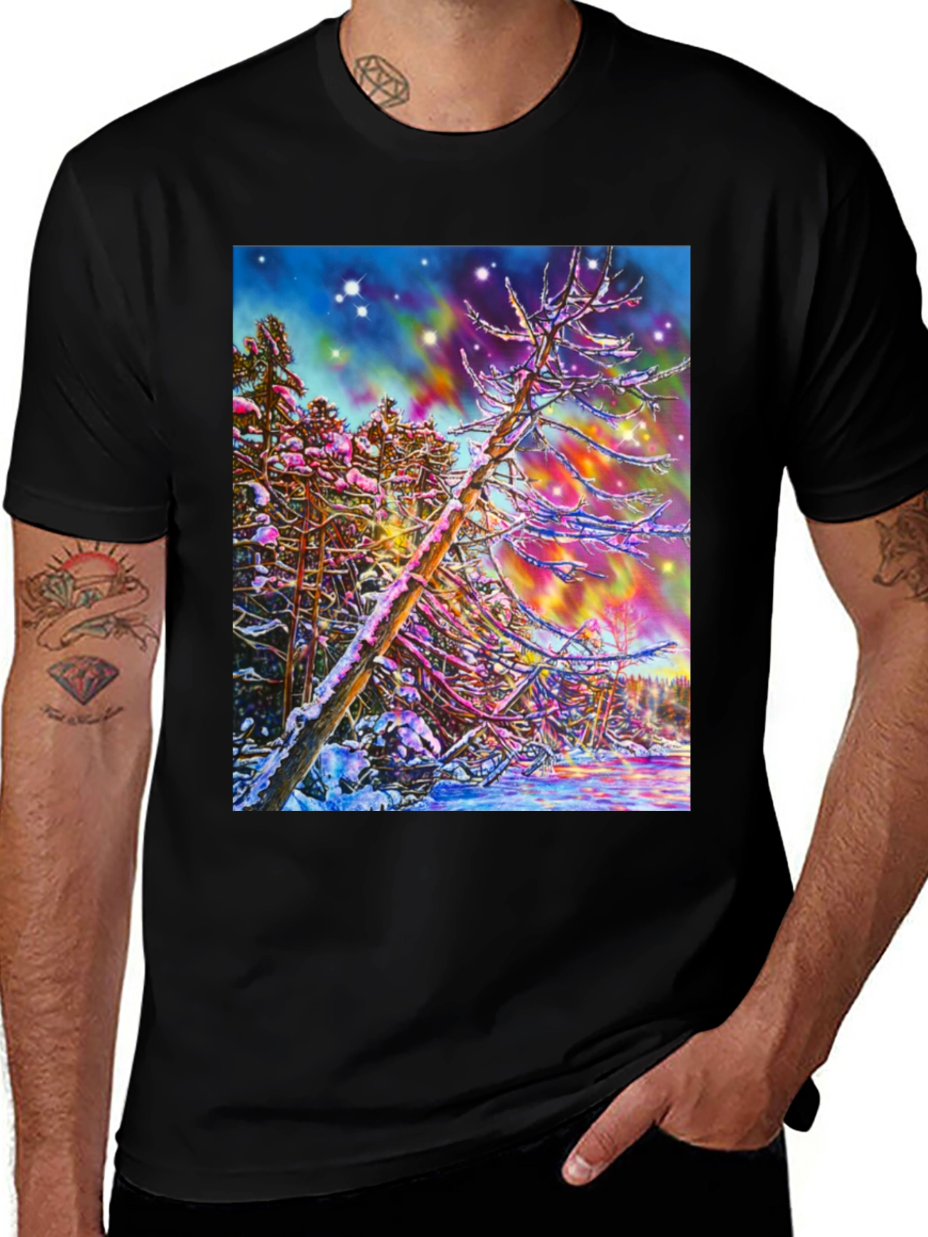 Variant 19 of Psychedelic Winter Forest T-Shirt - Vivid Art Tee
