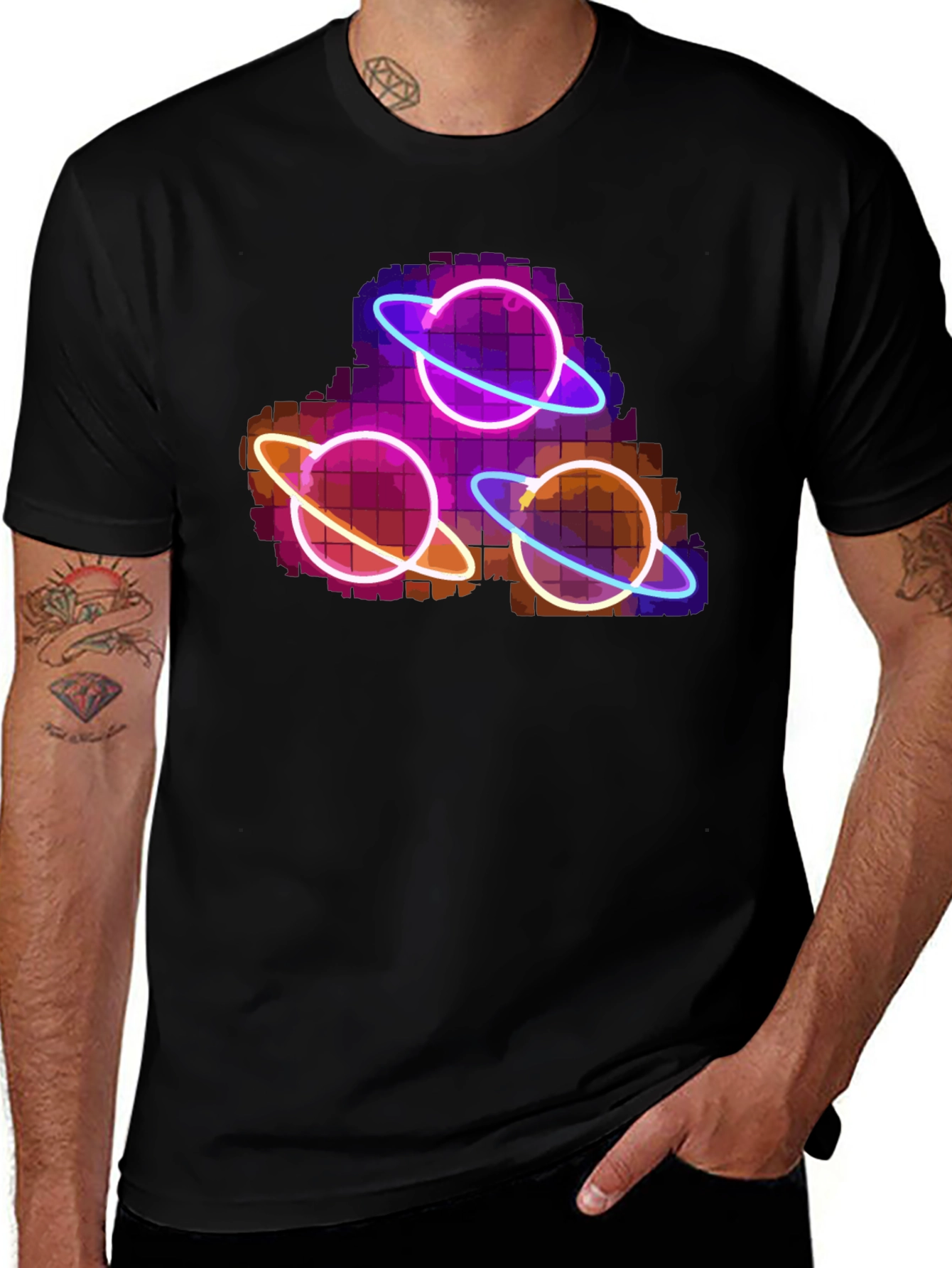 Variant 17 of Neon Planets Graphic Print Black T-Shirt