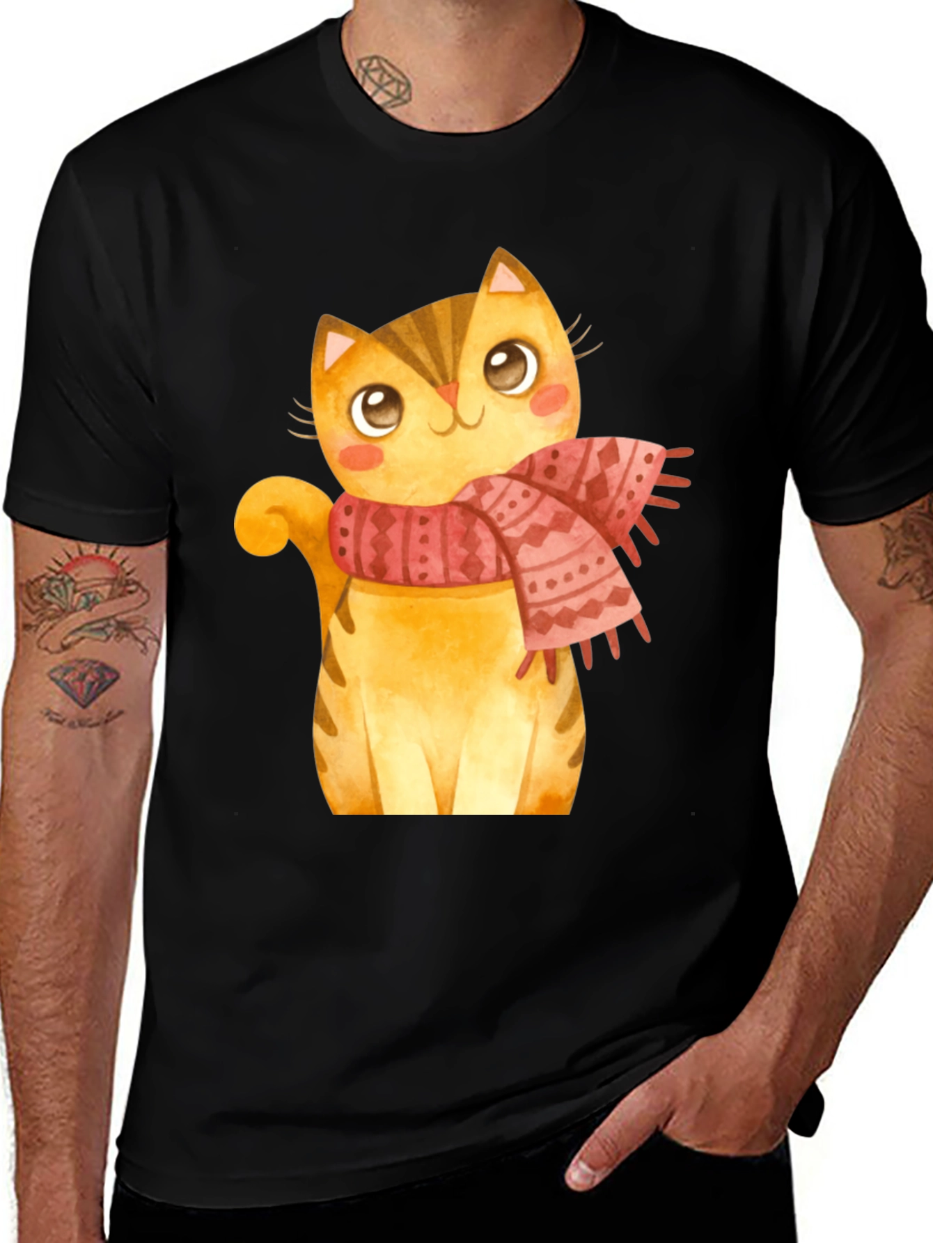 Variant 13 of Cute Cat in Scarf Graphic T-Shirt - Black