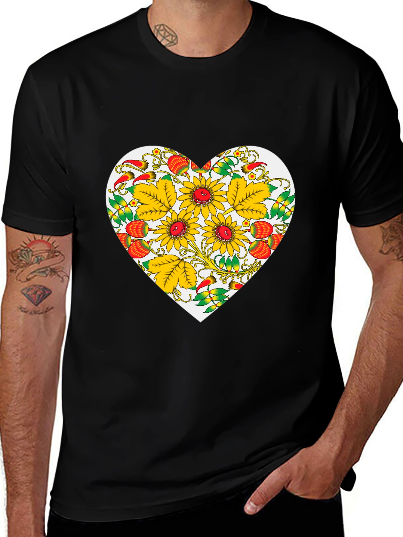 Variant 22 of Floral Heart Graphic Tee - Black Cotton Blend Casual Wear