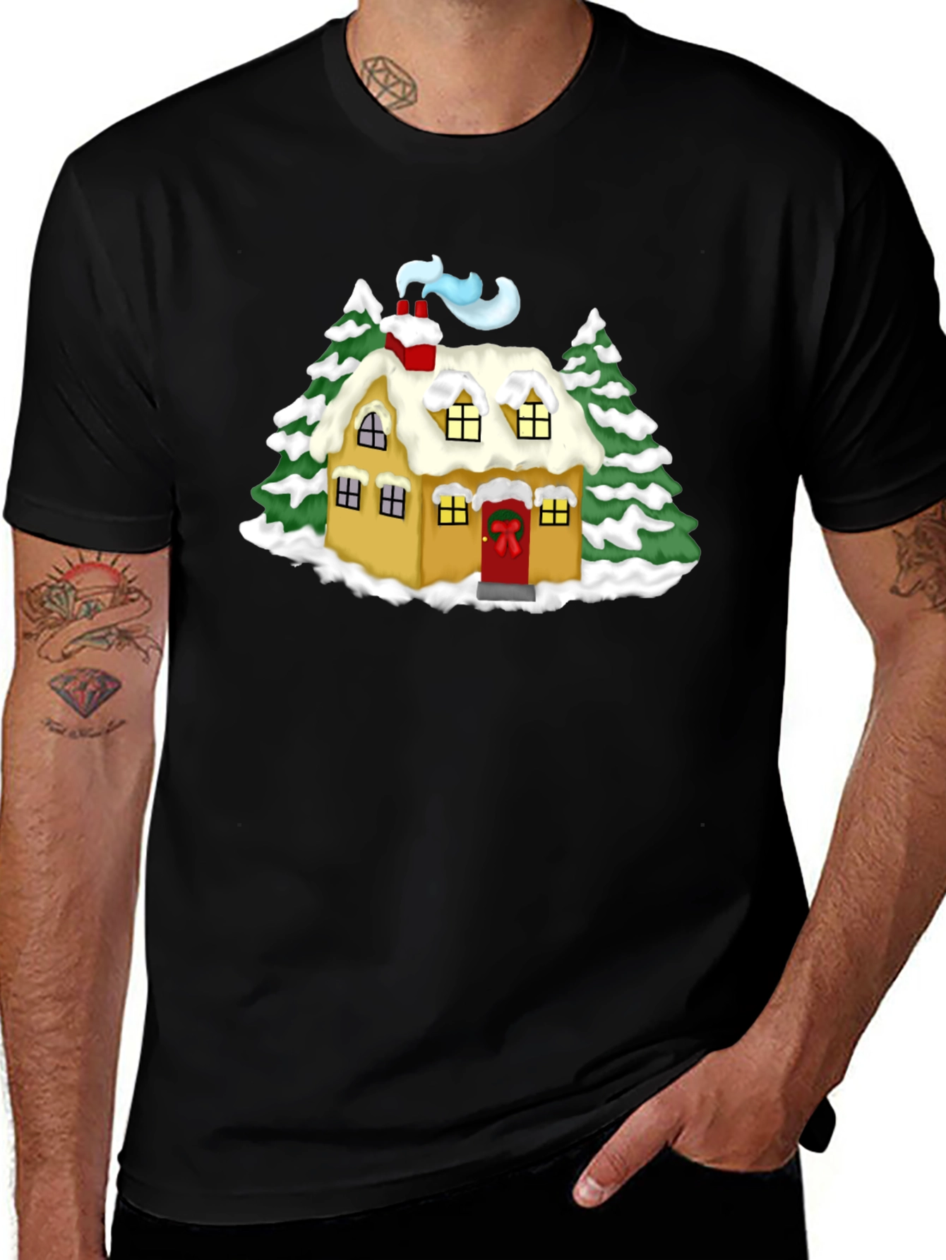 Variant 3 of Whimsical Winter House Graphic Tee - Black