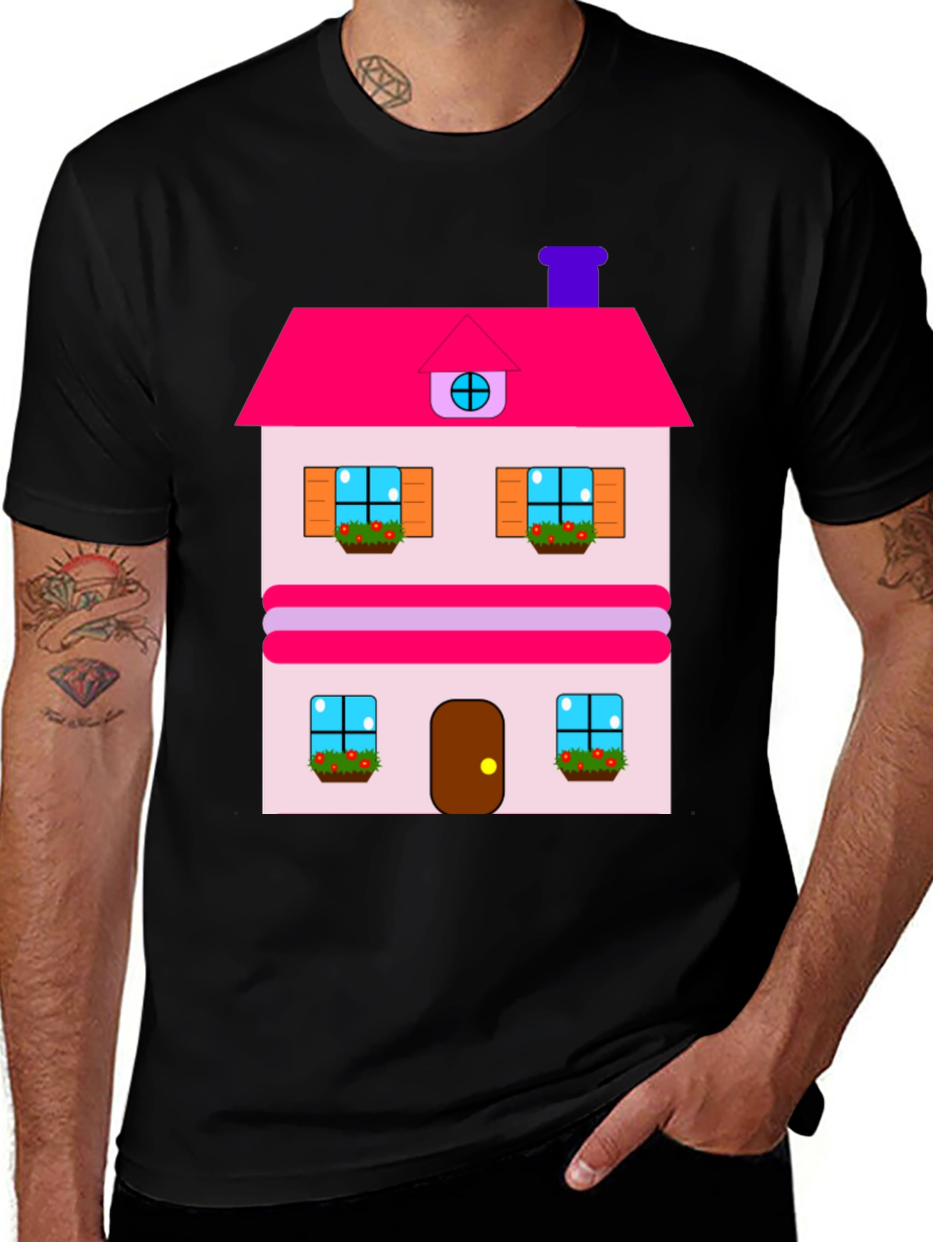 Variant 14 of Whimsical House Print Tee - Black Cotton Blend