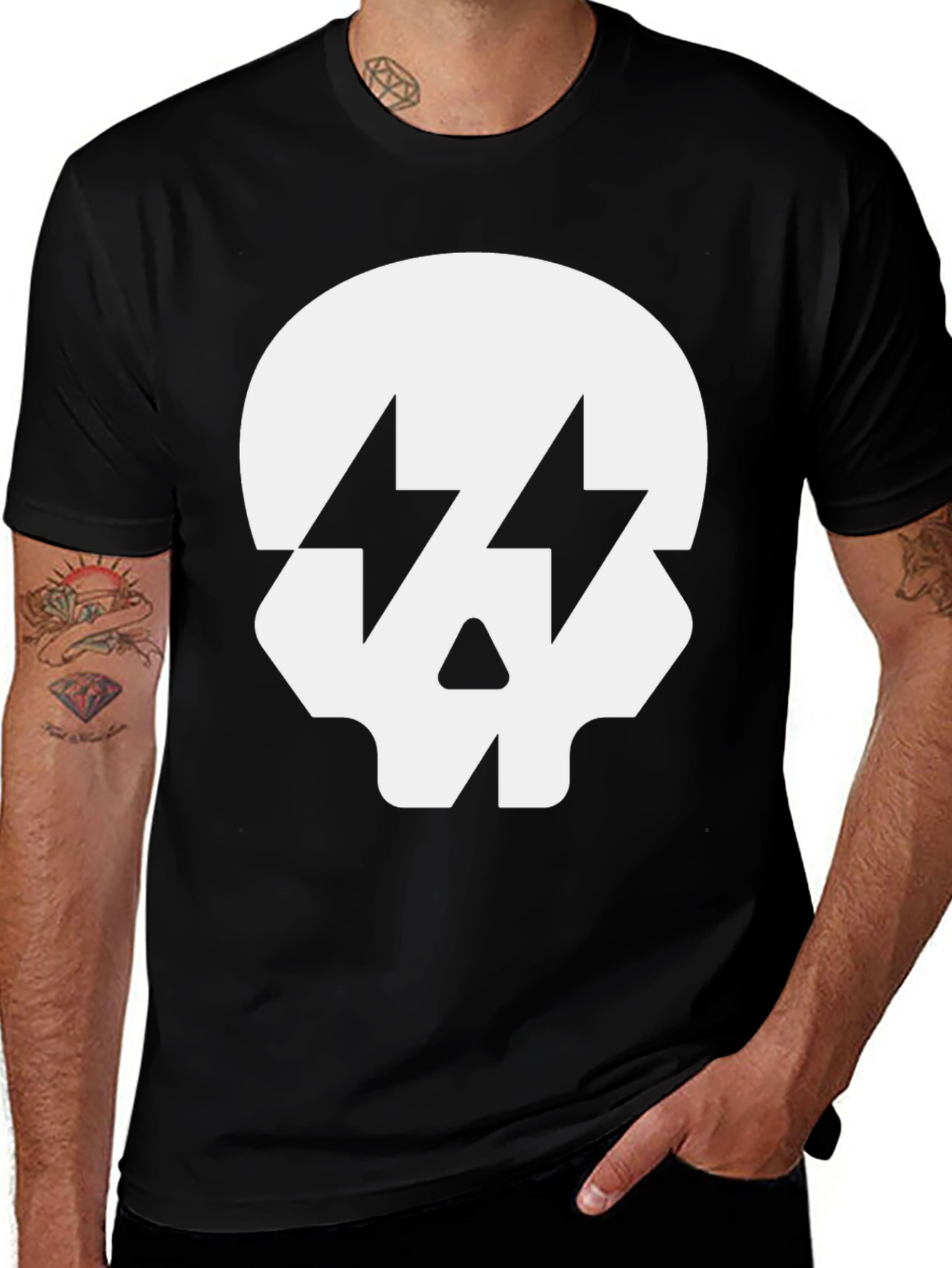 Black Skull with Lightning Bolt Eyes Black T-Shirt main image