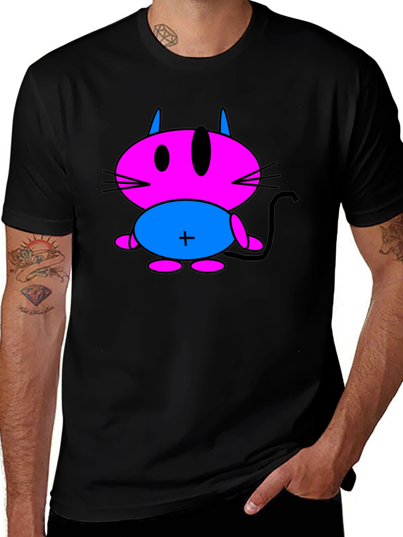 Cartoon Cat Graphic Tee - Black T-Shirt