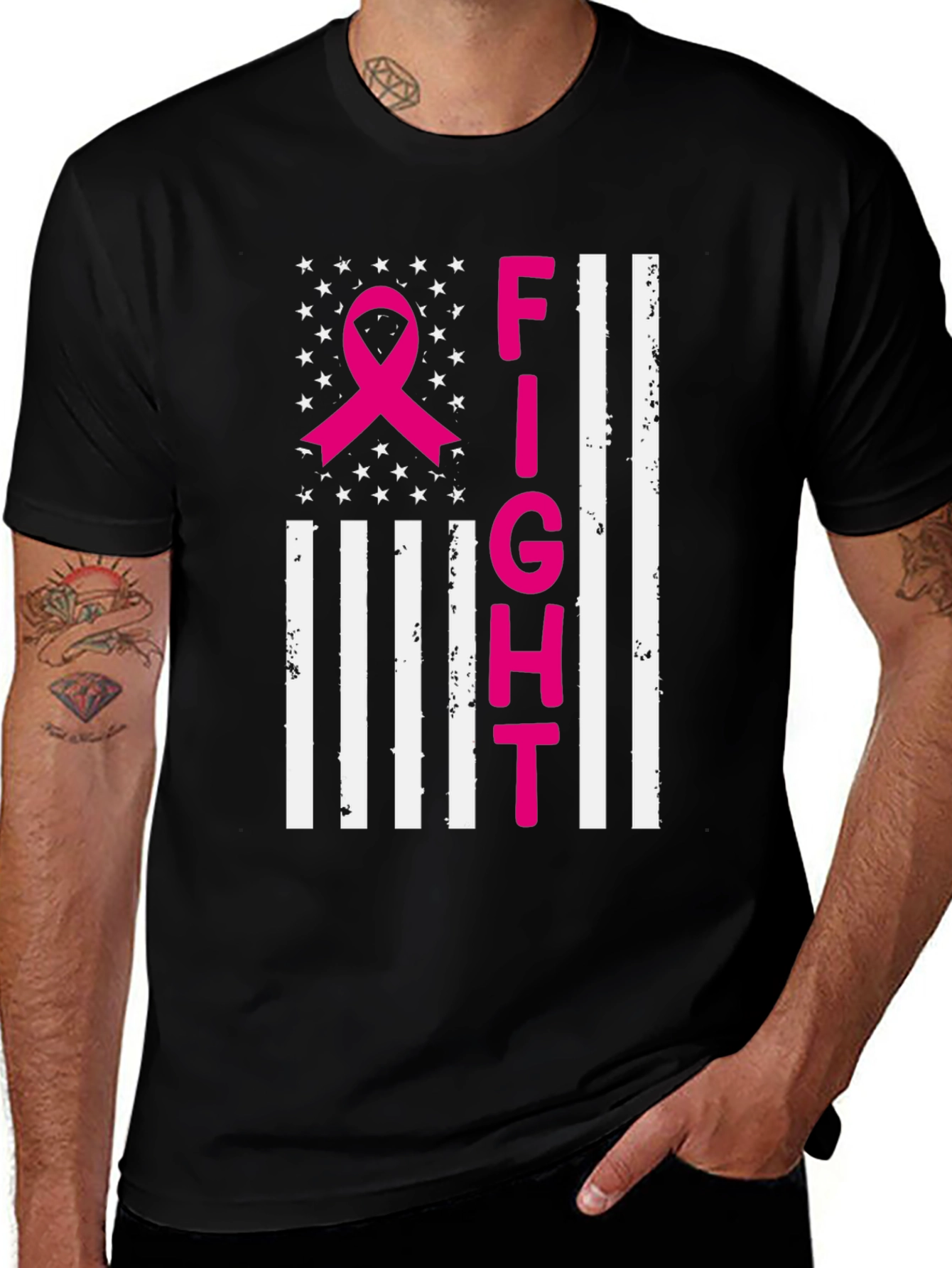 Fight Breast Cancer Awareness Ribbon American Flag T-Shirt