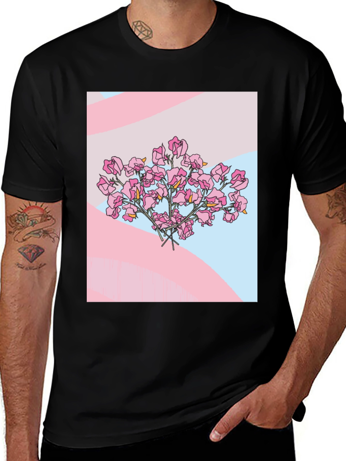 Floral Sweet Pea Graphic Tee - Black Cotton Shirt