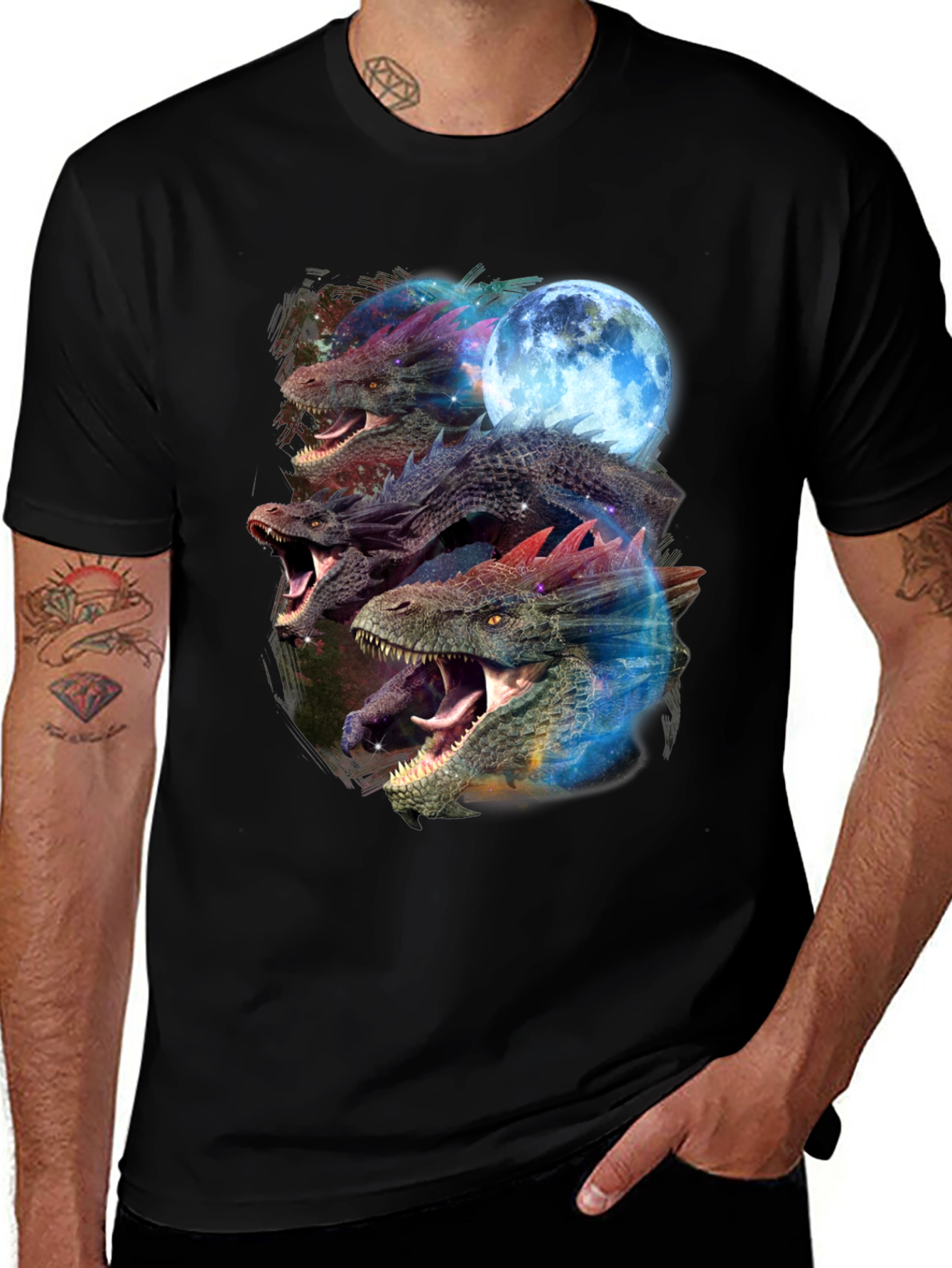 Black Dragon Trio Moon Black T-Shirt Graphic Print main image