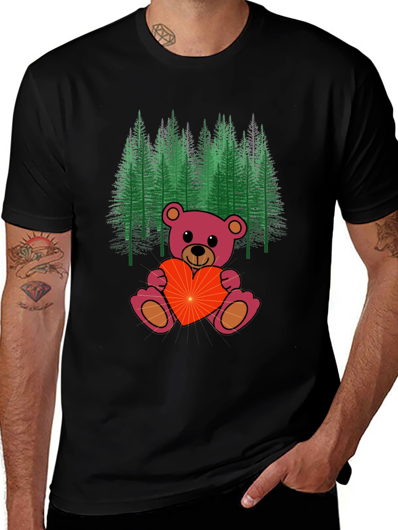Variant 9 of Teddy Bear Forest Graphic Tee - Men's Black T-Shirt