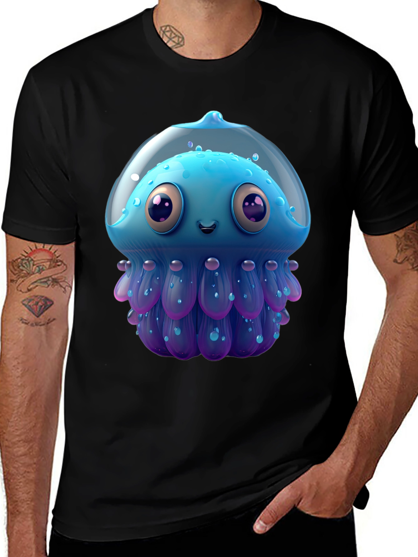 Variant 16 of Cartoon Jellyfish Graphic Tee - Black Casual T-Shirt