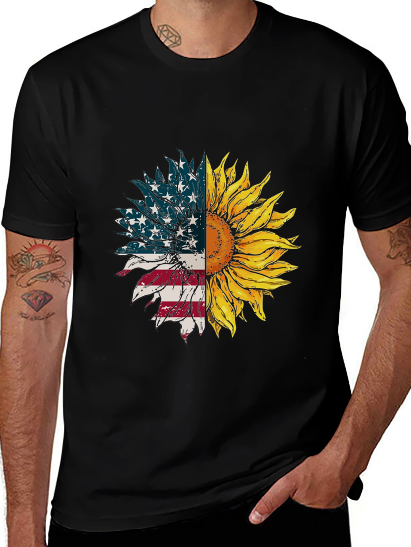 Variant 11 of American Flag Sunflower Graphic Tee - Black