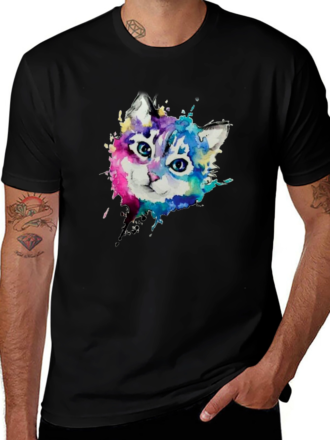 Variant 30 of Watercolor Cat Head Print Black T-Shirt
