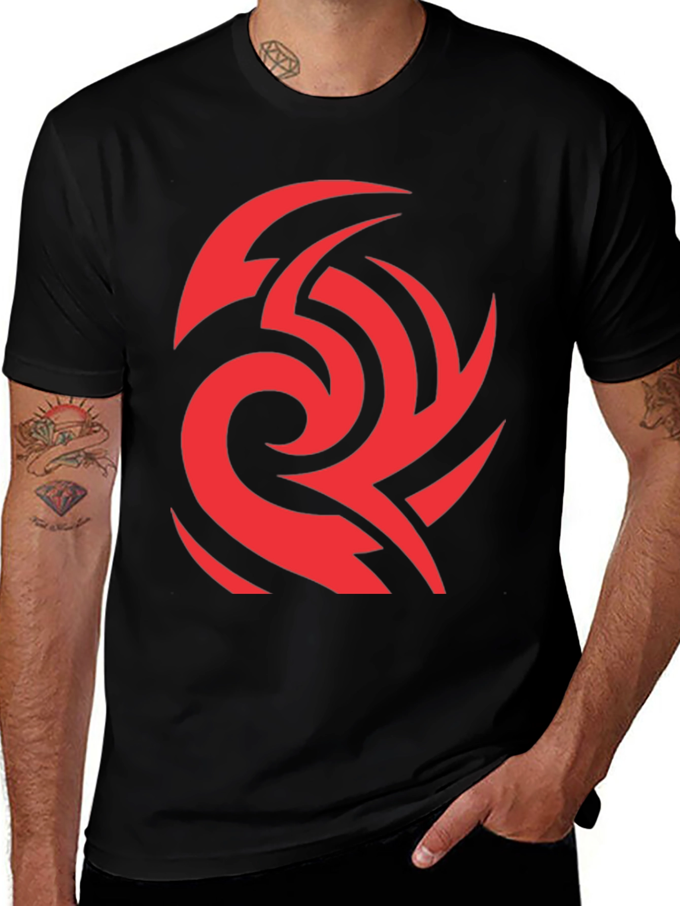 Red Graphic Tee - Unique Swirl Design Black Shirt