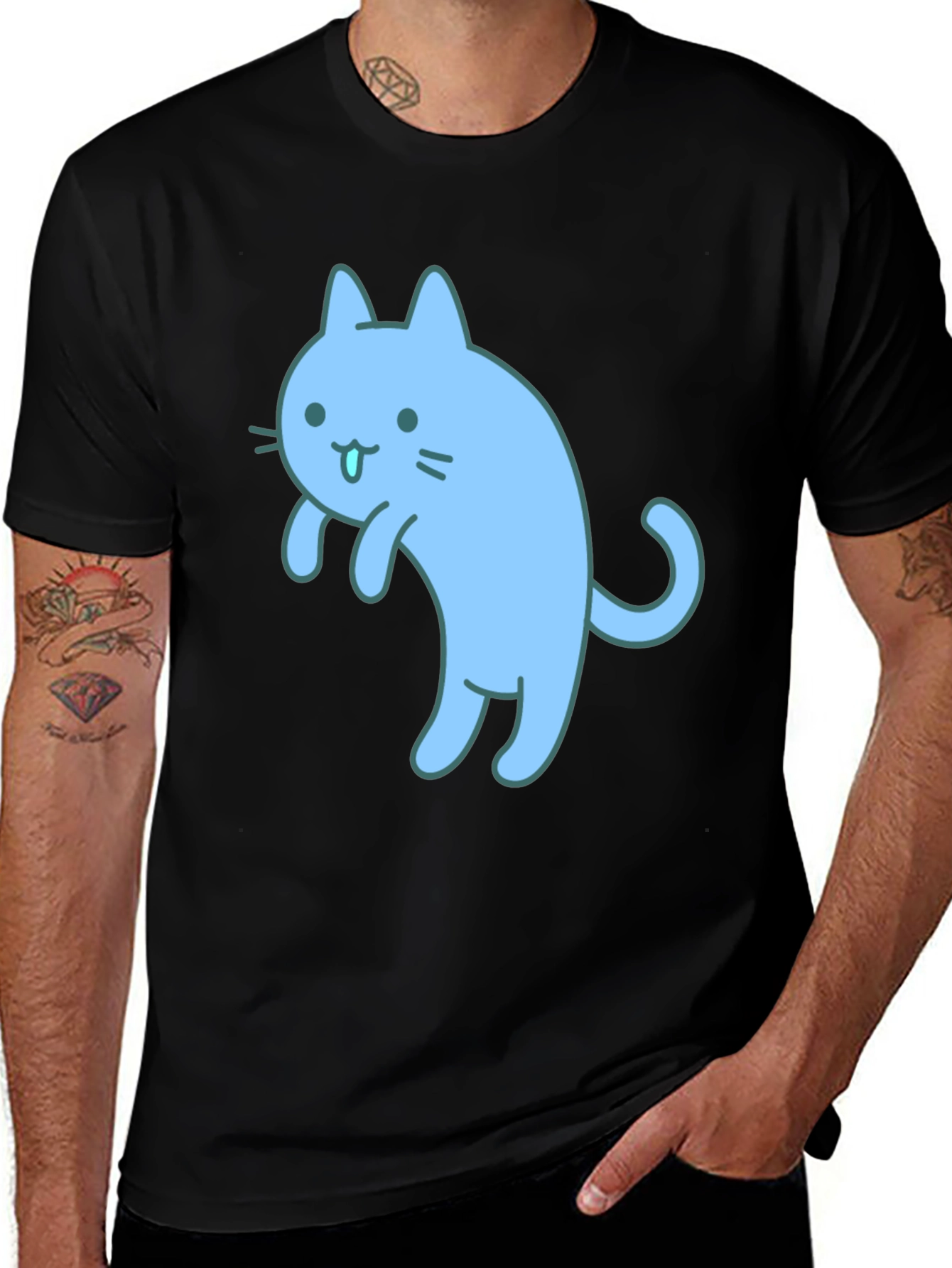 Variant 25 of Cute Blue Cat Graphic Black T-Shirt