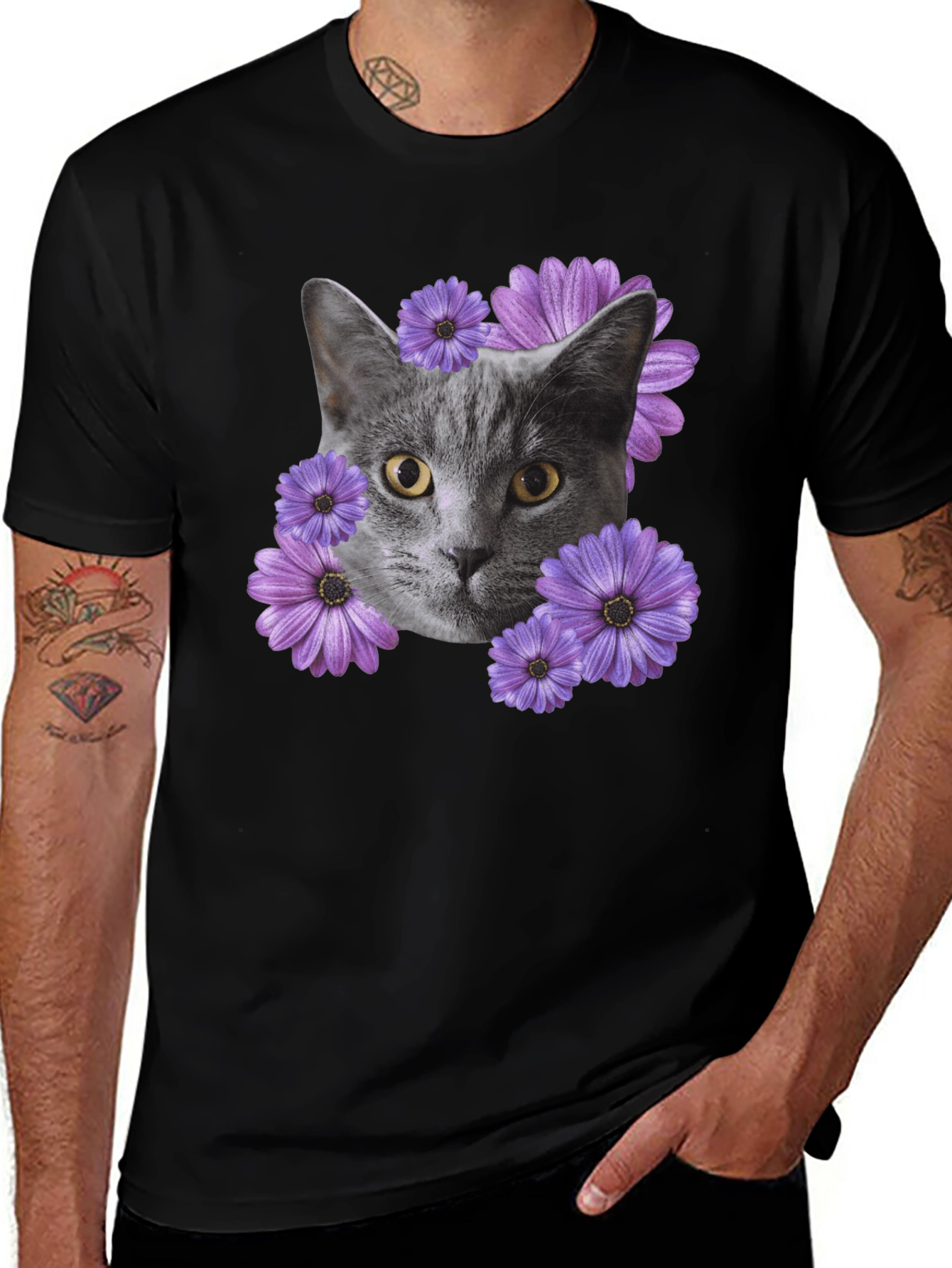 Variant 26 of Cat and Flower Graphic Tee - Men's Black T-Shirt