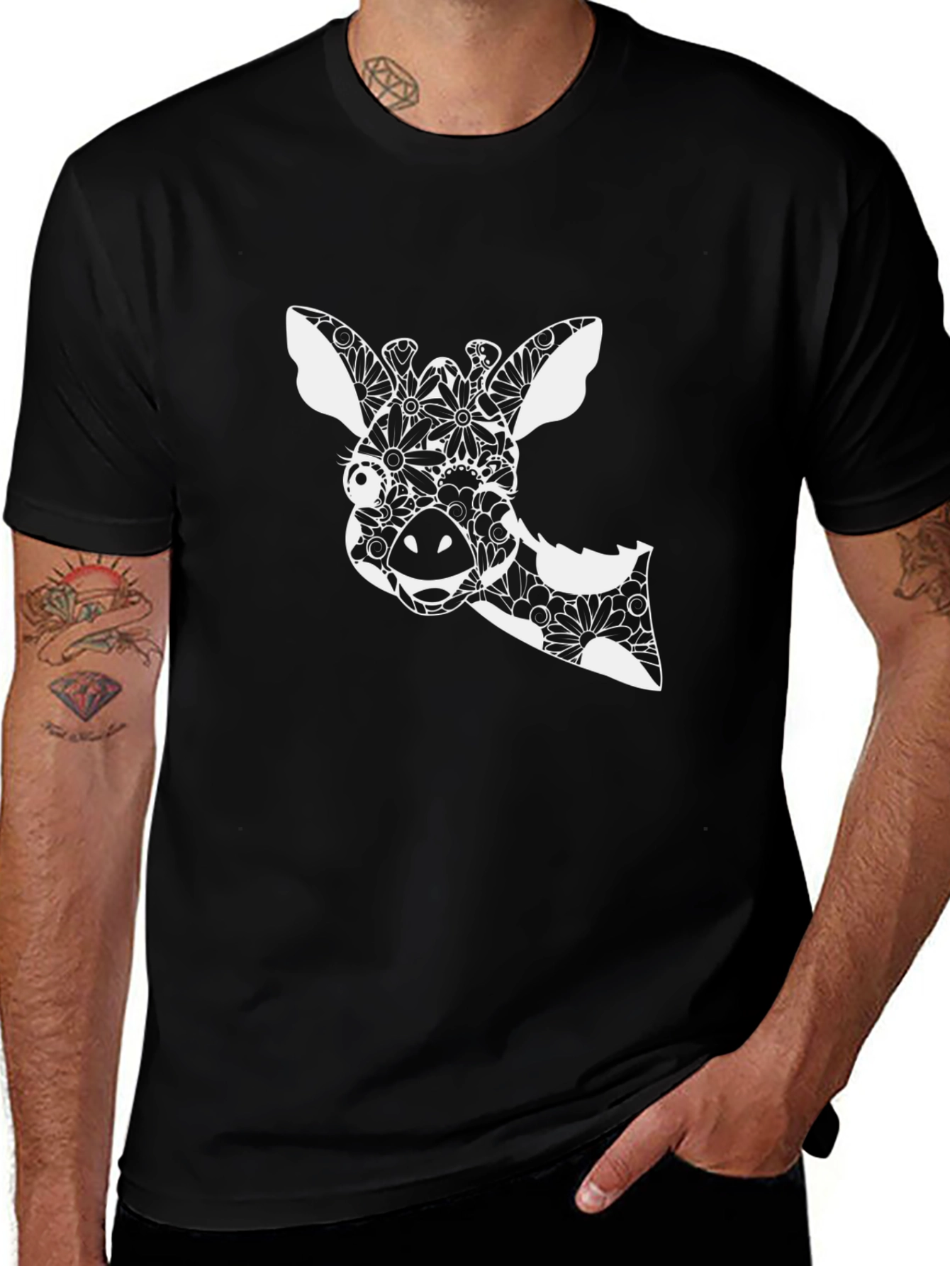 Variant 26 of Giraffe Floral Print Black T-Shirt