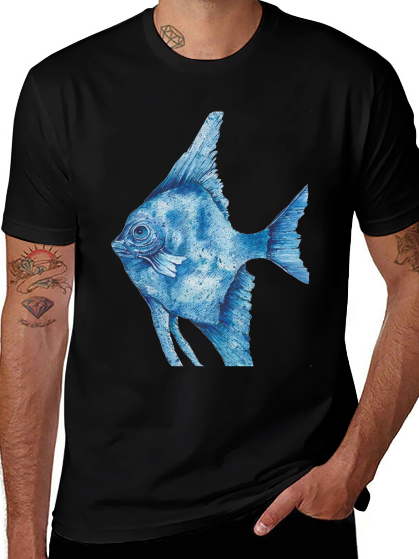 Variant 27 of Blue Angelfish Graphic Tee - Black Cotton T-Shirt