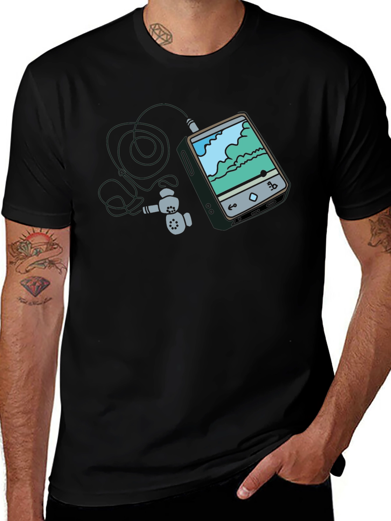 Variant 30 of Men's Black Graphic Tee - MP3 Player Design
