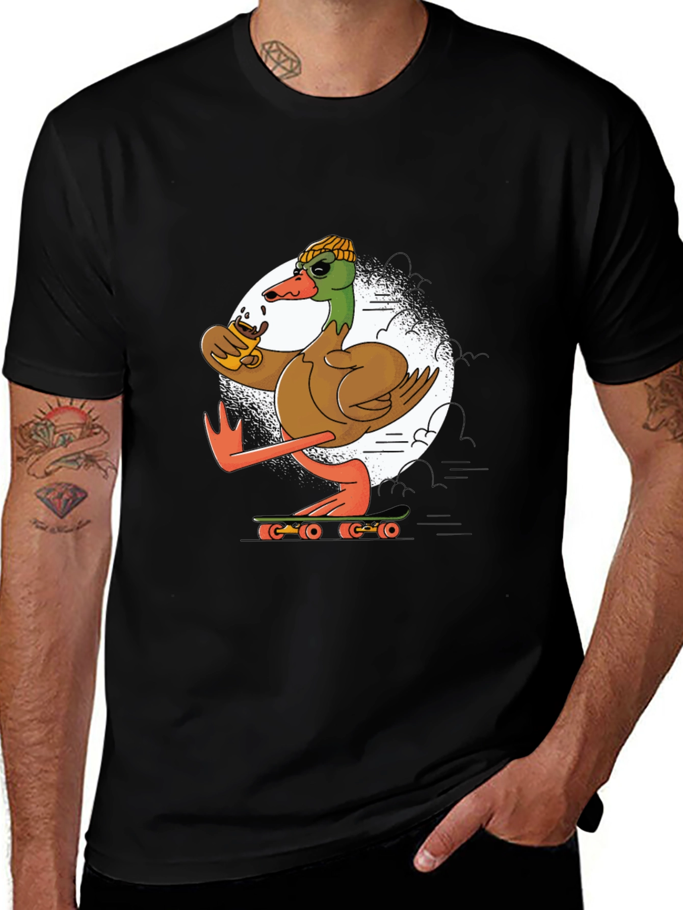 Variant 10 of Skateboarding Duck T-Shirt: Cool Coffee Drinking Bird