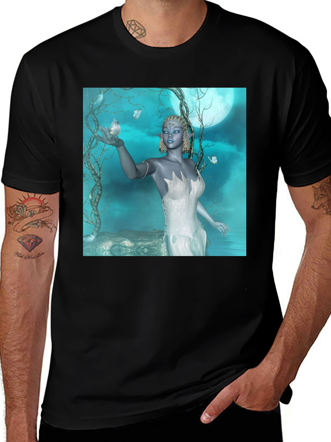 Variant 13 of Fantasy Elf Graphic T-Shirt - Black Cotton Tee