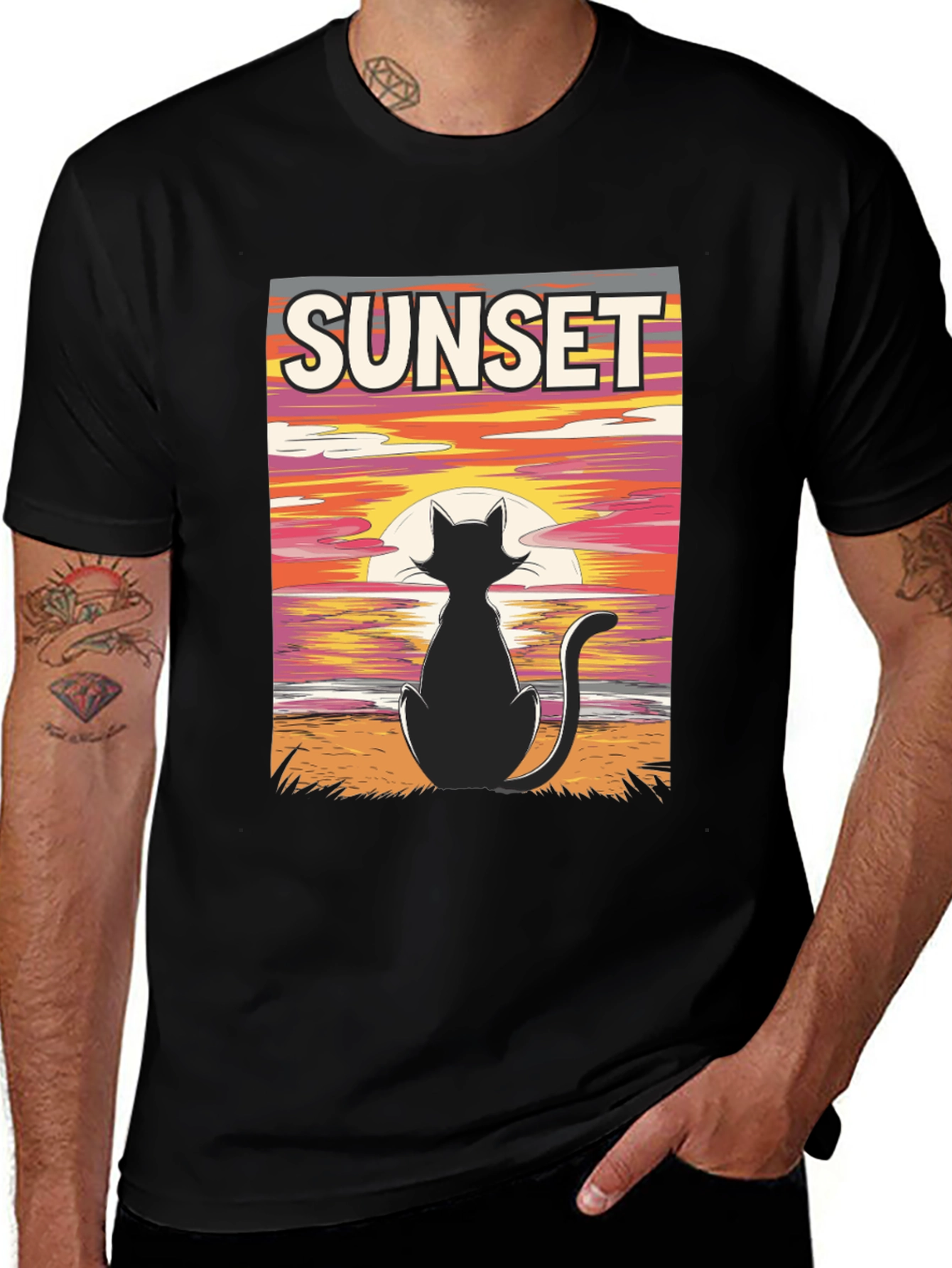 Variant 5 of Sunset Cat Graphic T-Shirt - Black