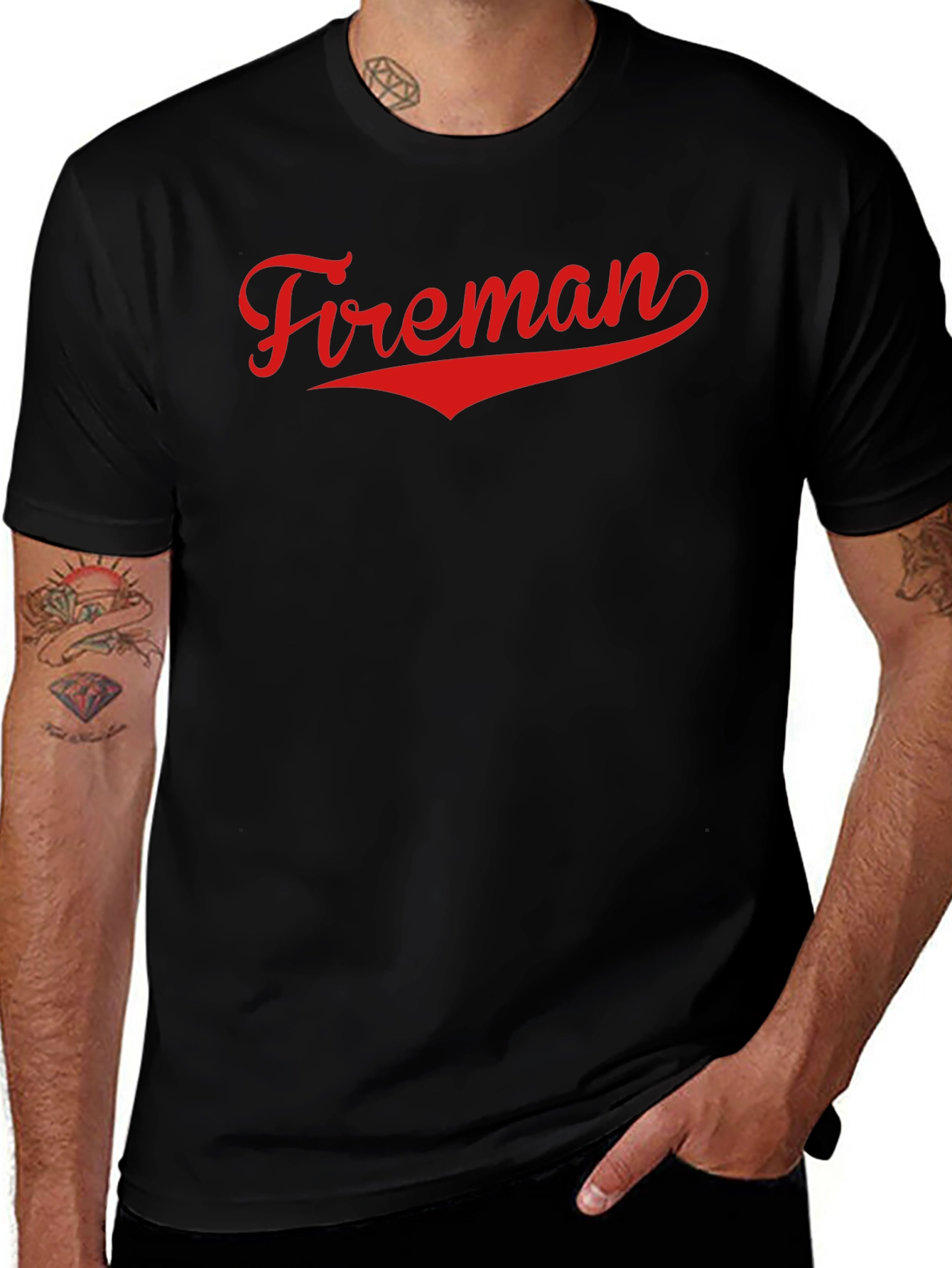 Fireman Graphic Tee - Bold Red Script, Classic Black T-Shirt