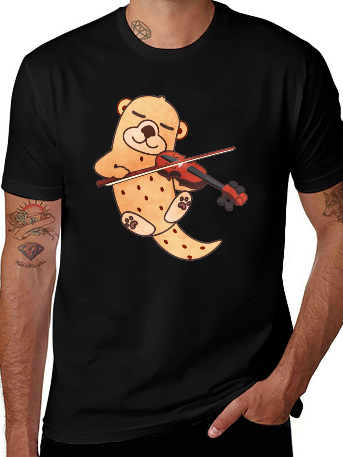 Black Cute Bear Violinist Black T-Shirt main image