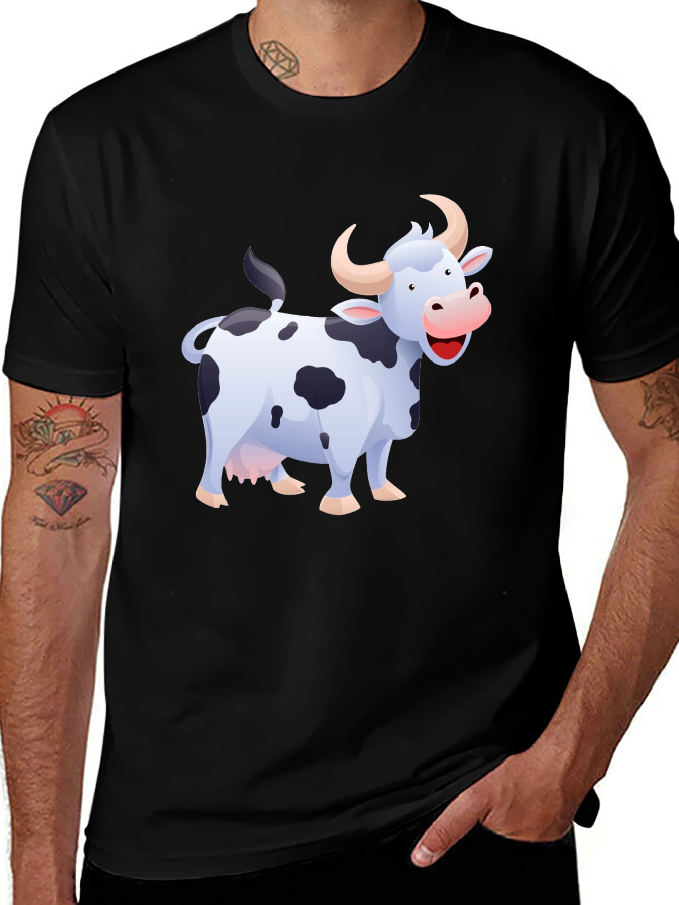 Variant 14 of Cartoon Cow Graphic Tee - Black Cotton Blend