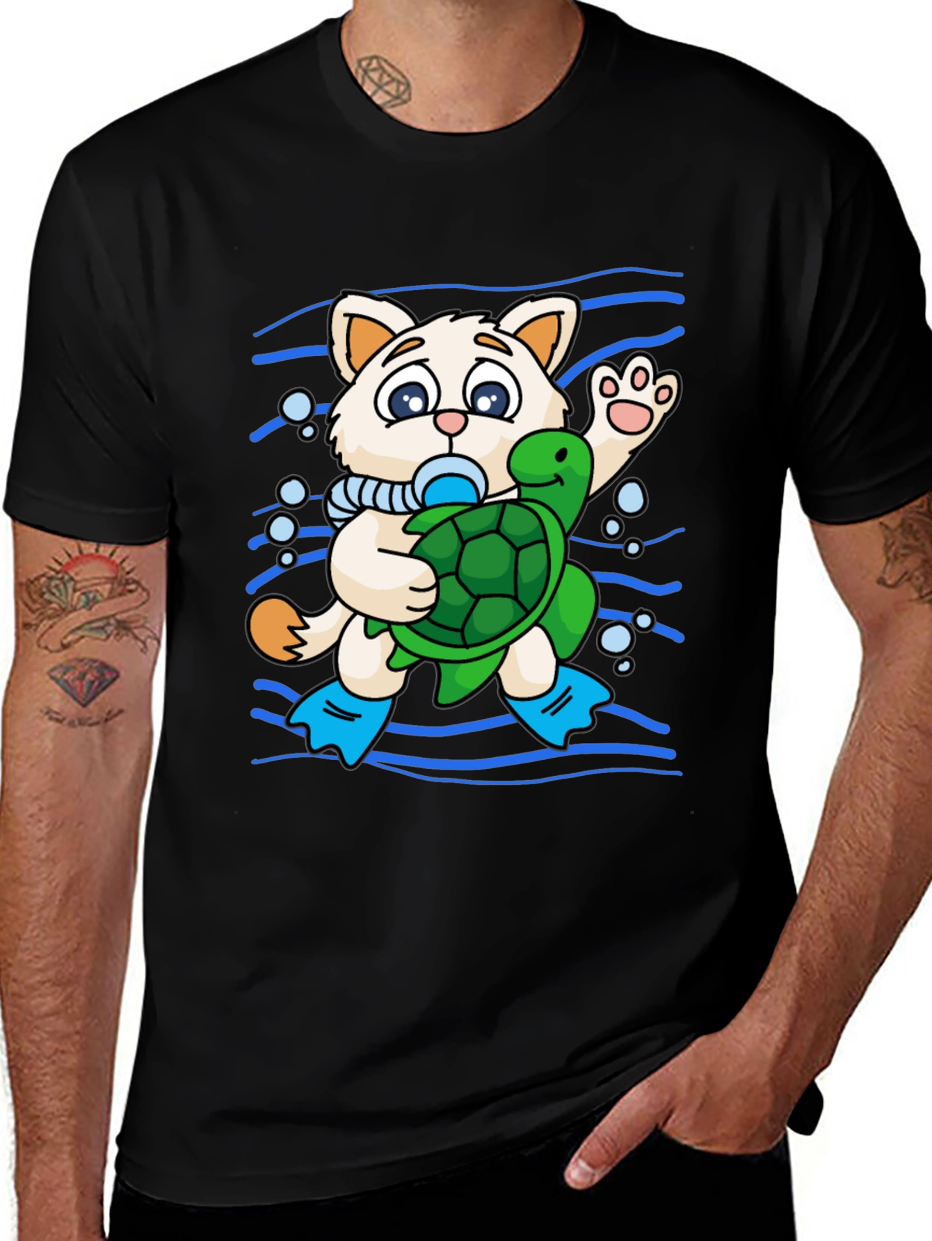 Variant 17 of Cat & Turtle Diving T-Shirt - Black