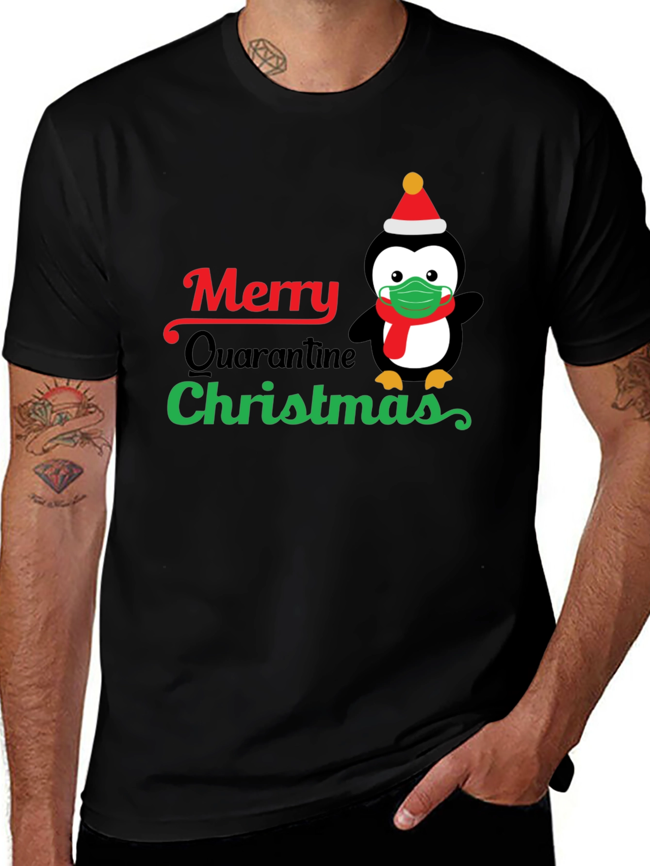 Merry Quarantine Christmas Penguin Graphic T-Shirt