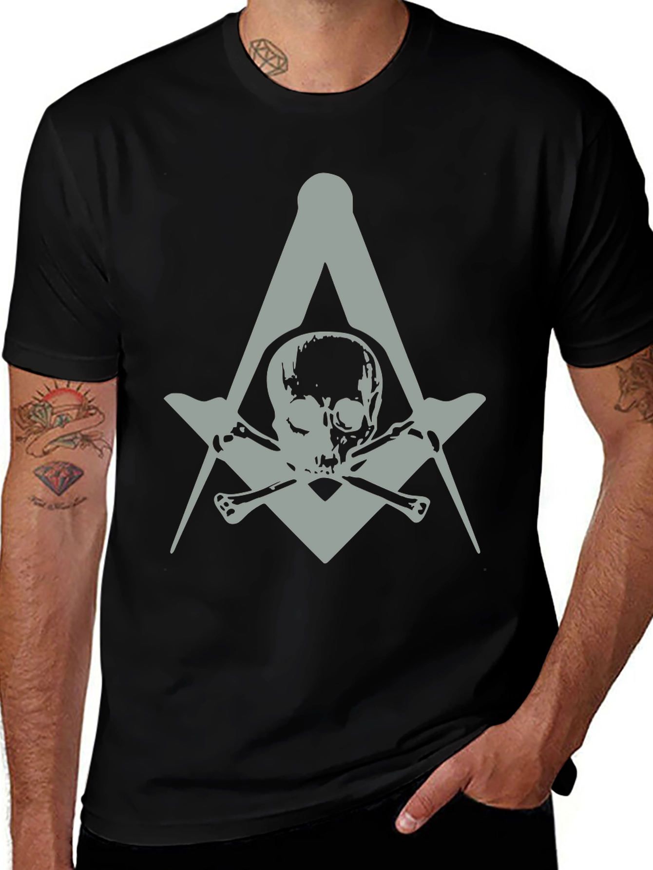 Variant 8 of Skull & Bones Masonic T-Shirt - Grey Print on Black