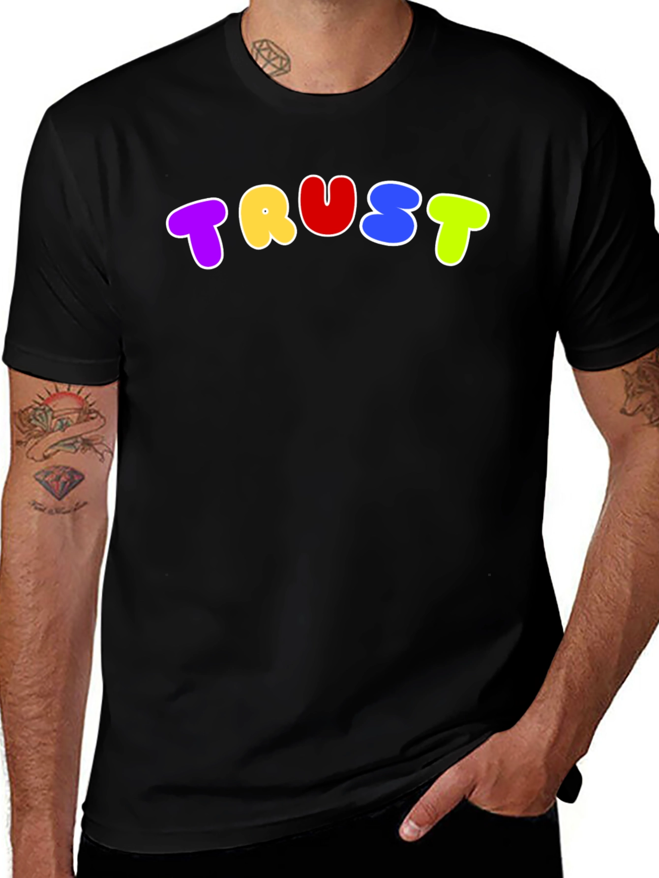 Variant 14 of Colorful "TRUST" Graphic Black T-Shirt