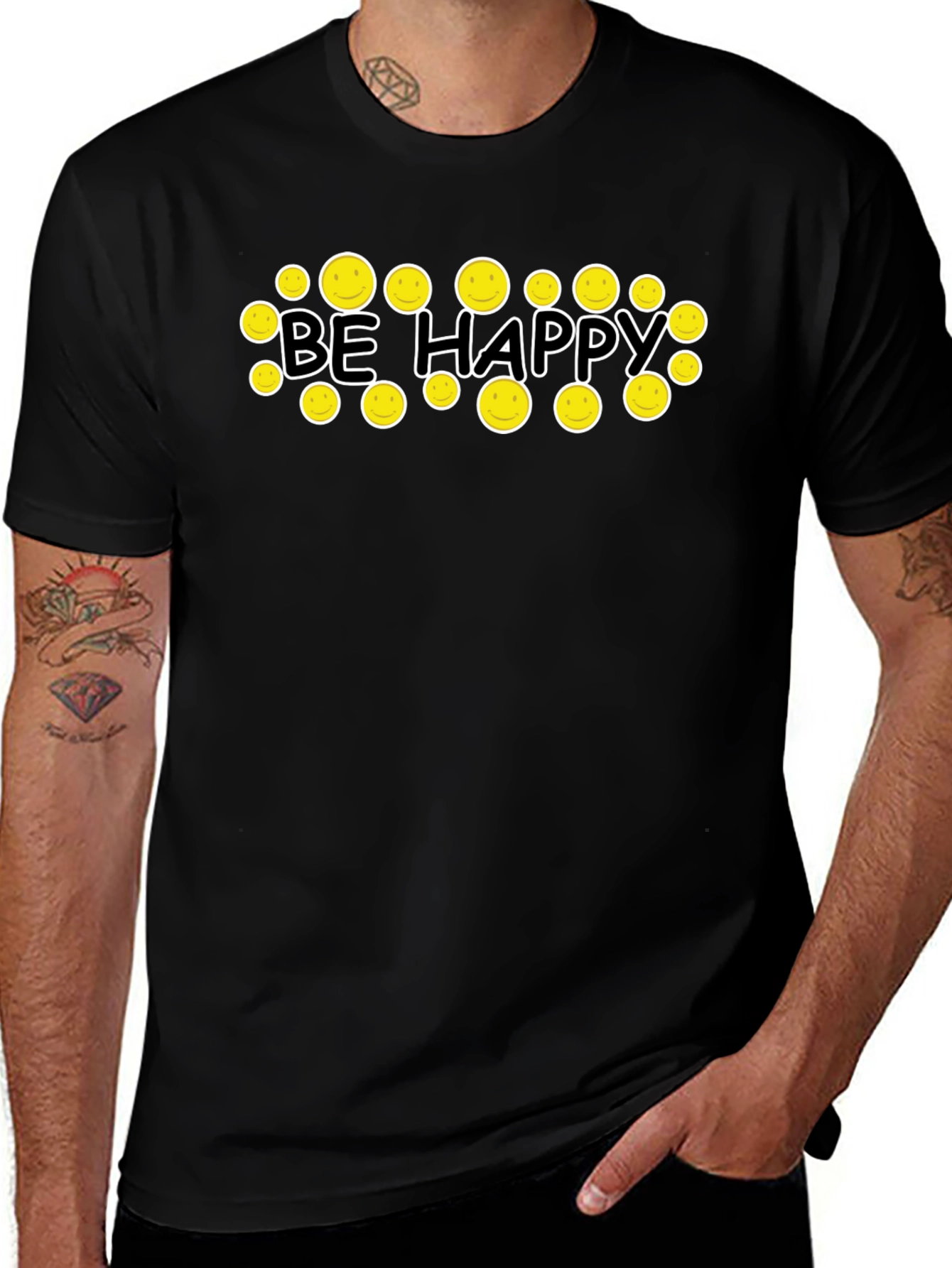 Variant 24 of Be Happy Graphic Tee - Smiley Face Black T-Shirt