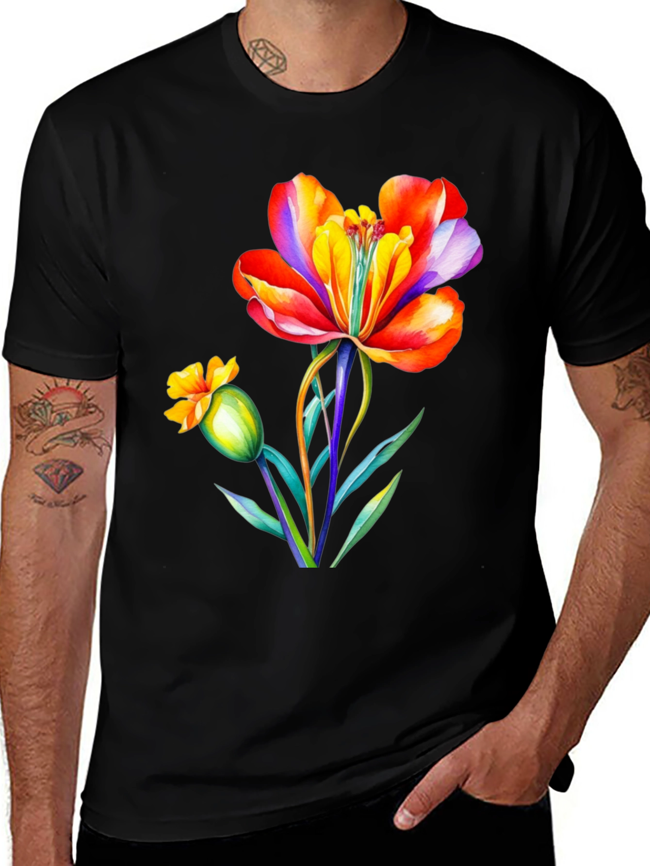 Variant 17 of Floral Watercolor Men's Black T-Shirt
