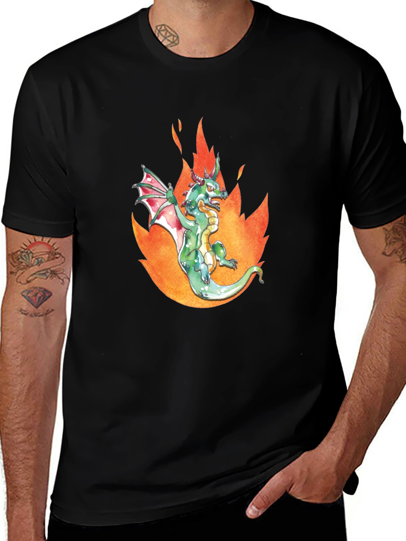 Variant 10 of Dragon in Flames Graphic Tee - Black Cotton T-Shirt