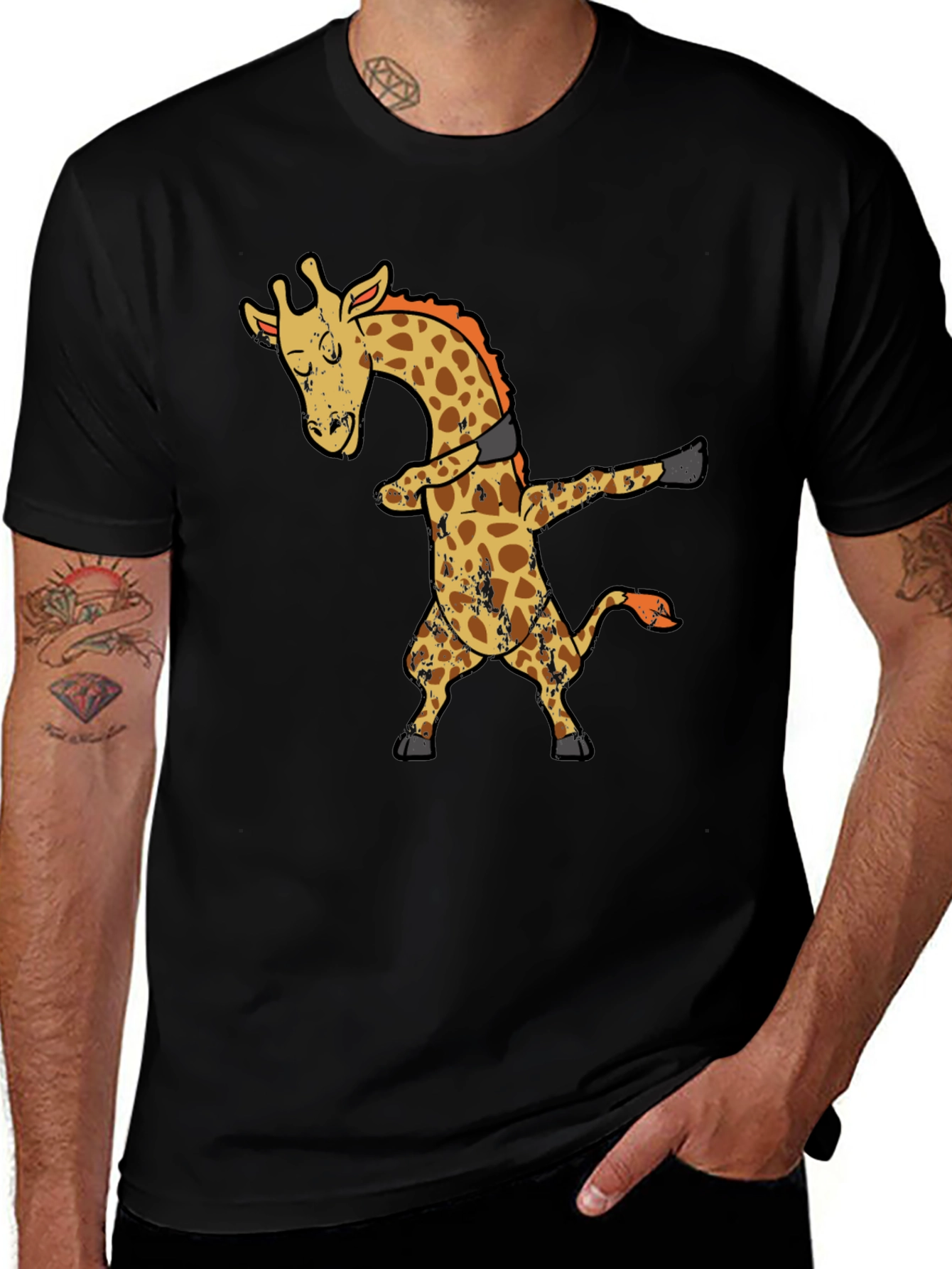 Variant 28 of Dabbing Giraffe Graphic T-Shirt - Black Cotton Tee