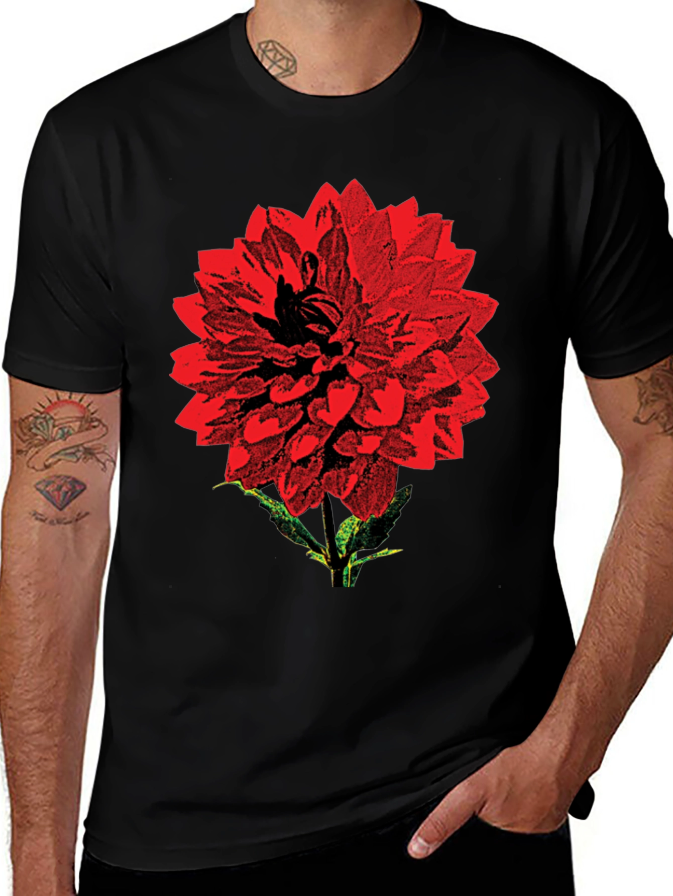 Variant 15 of Red Flower Graphic Print Black T-Shirt
