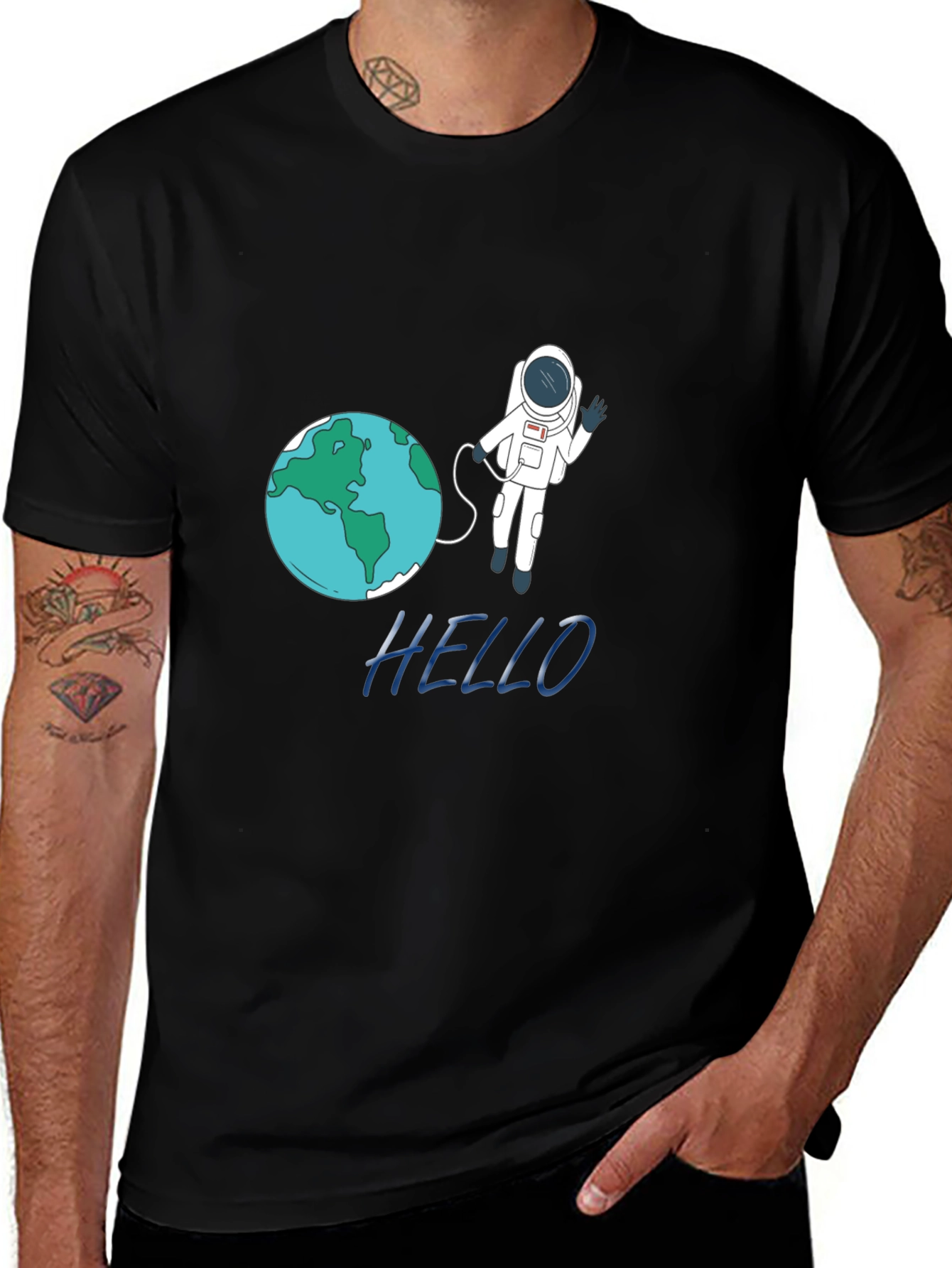 Astronaut & Earth Graphic Tee - Black Cotton T-Shirt