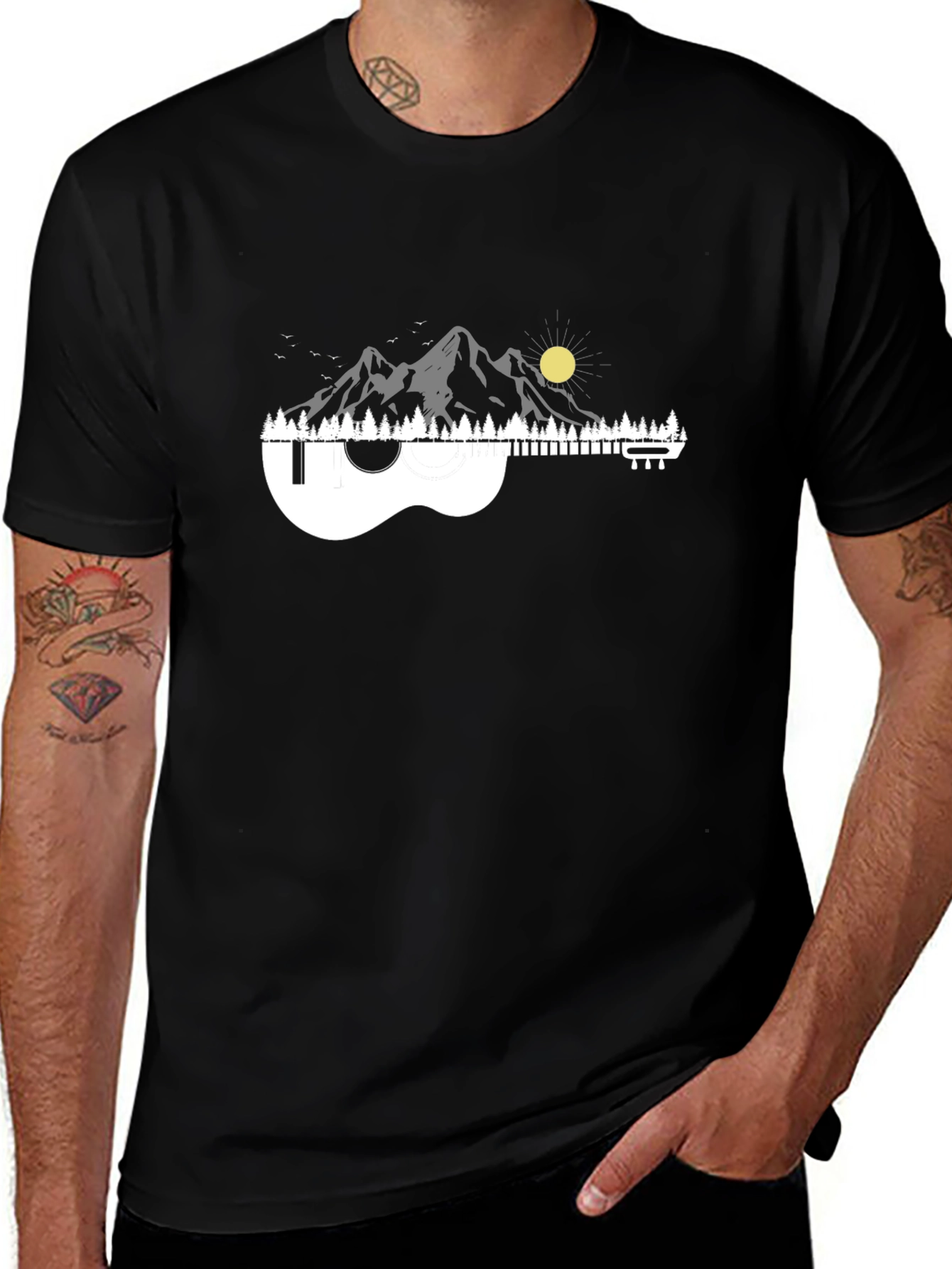 Variant 15 of Ukulele Mountain Scene Graphic Tee - Black